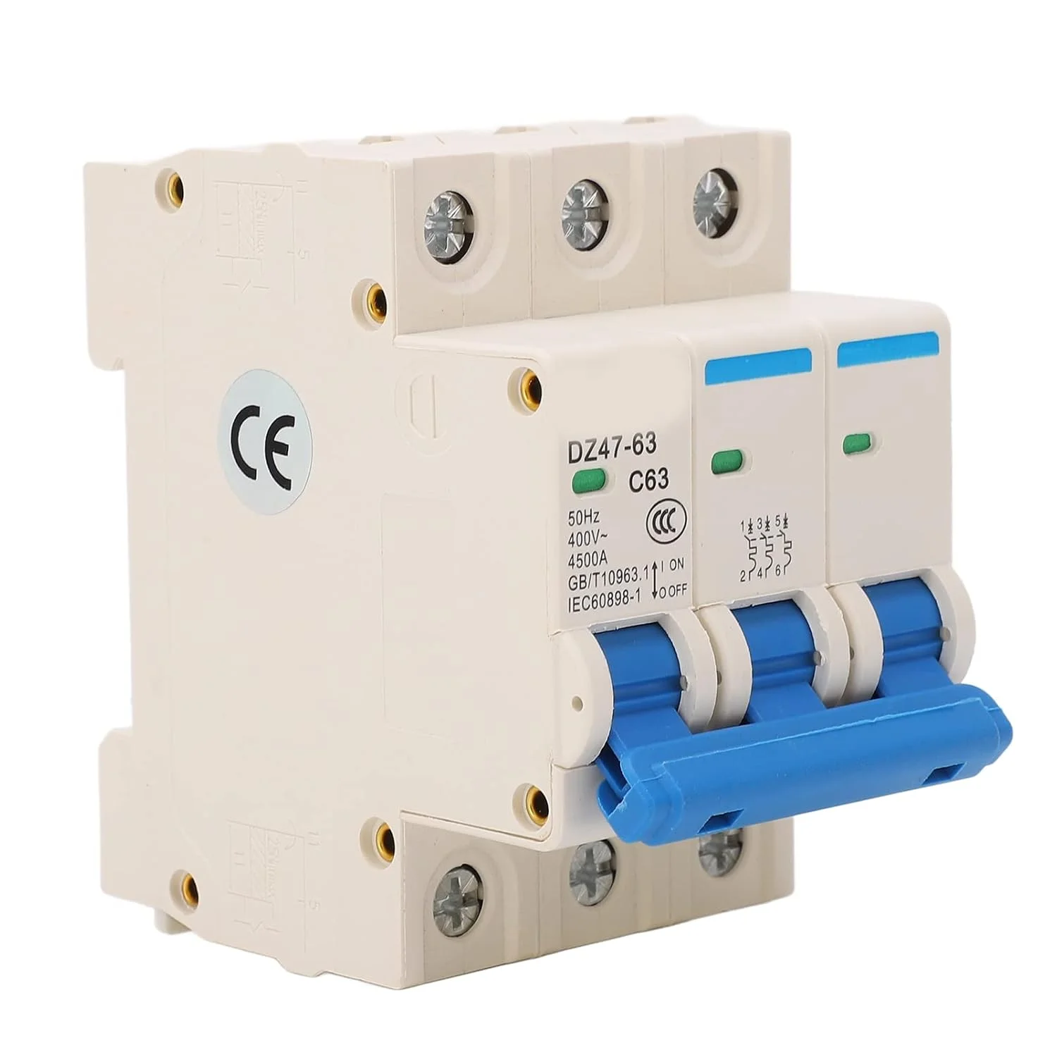 کلید مینیاتوری 3 پل نصب روی ریل DIN، محافظت از اضافه بار، سوئیچ AC 400V 50Hz 63A، ظرفیت شکست 4500A کلید مینیاتوری 3 پل نصب روی ریل DIN، محافظت از اضافه بار، سوئیچ AC 400V 50Hz 63A، ظرفیت شکست 4500A