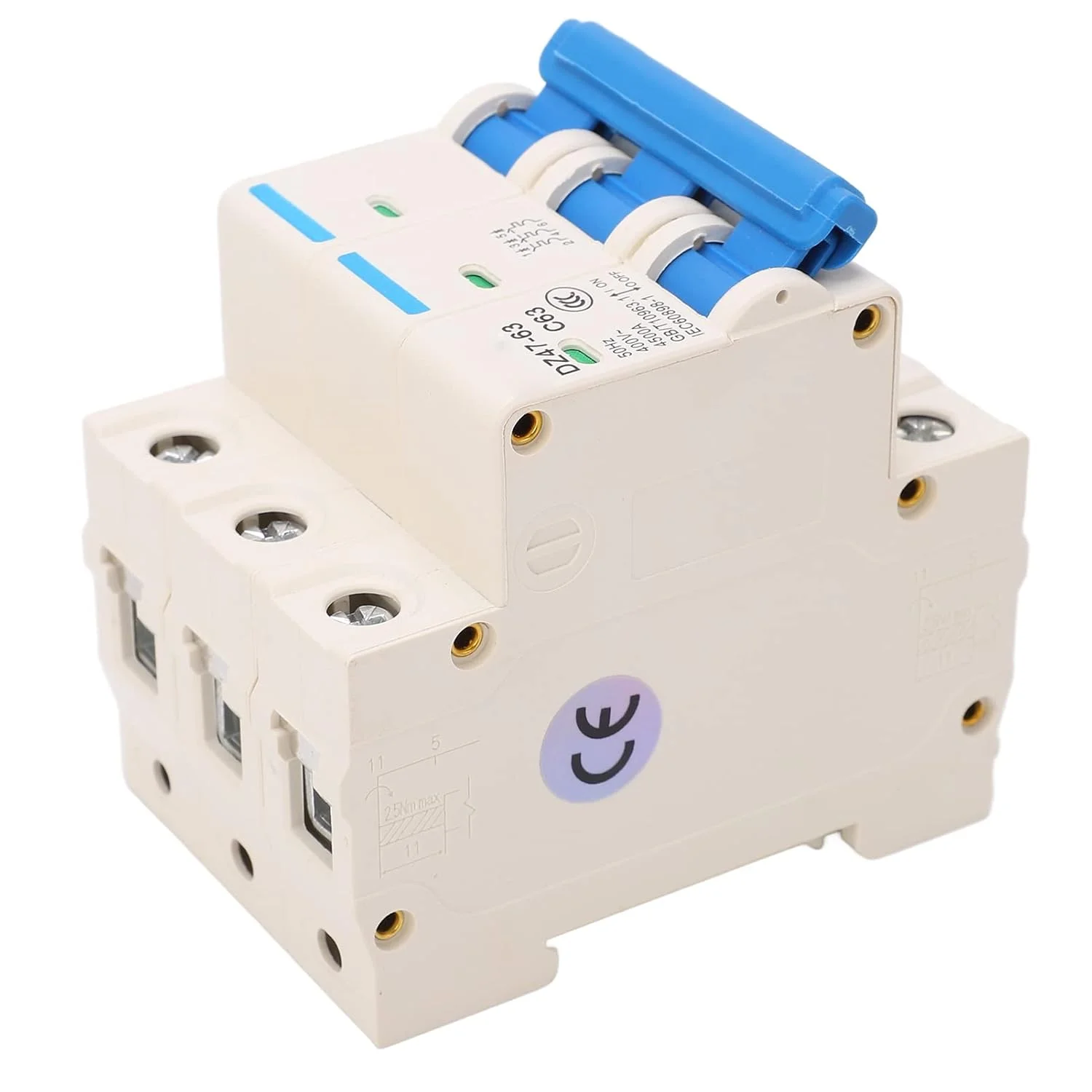کلید مینیاتوری 3 پل نصب روی ریل DIN، محافظت از اضافه بار، سوئیچ AC 400V 50Hz 63A، ظرفیت شکست 4500A کلید مینیاتوری 3 پل نصب روی ریل DIN، محافظت از اضافه بار، سوئیچ AC 400V 50Hz 63A، ظرفیت شکست 4500A