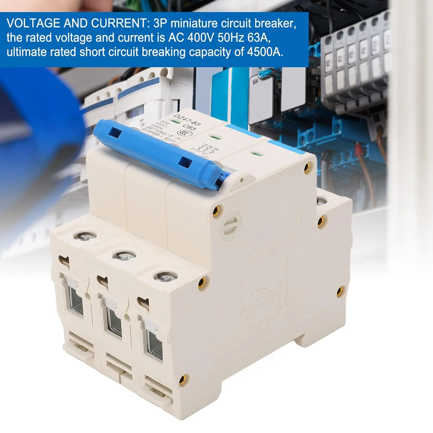 کلید مینیاتوری 3 پل نصب روی ریل DIN، محافظت از اضافه بار، سوئیچ AC 400V 50Hz 63A، ظرفیت شکست 4500A کلید مینیاتوری 3 پل نصب روی ریل DIN، محافظت از اضافه بار، سوئیچ AC 400V 50Hz 63A، ظرفیت شکست 4500A