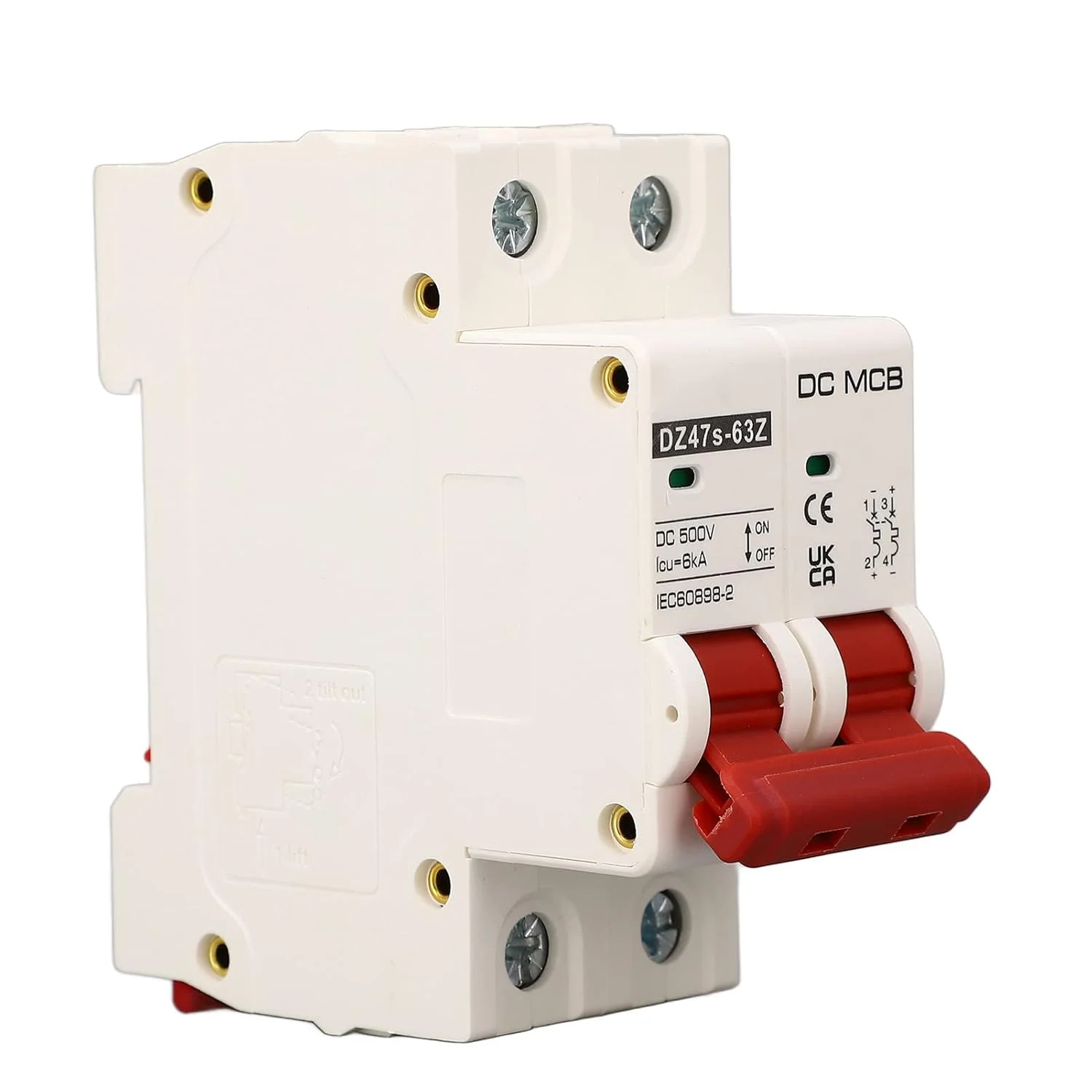 کلید مینیاتوری مدار DC ریزقوی 2P 500V مدل Dz47S، کلید مینیاتوری الکتریکی 6000 آمپر (32 آمپر)