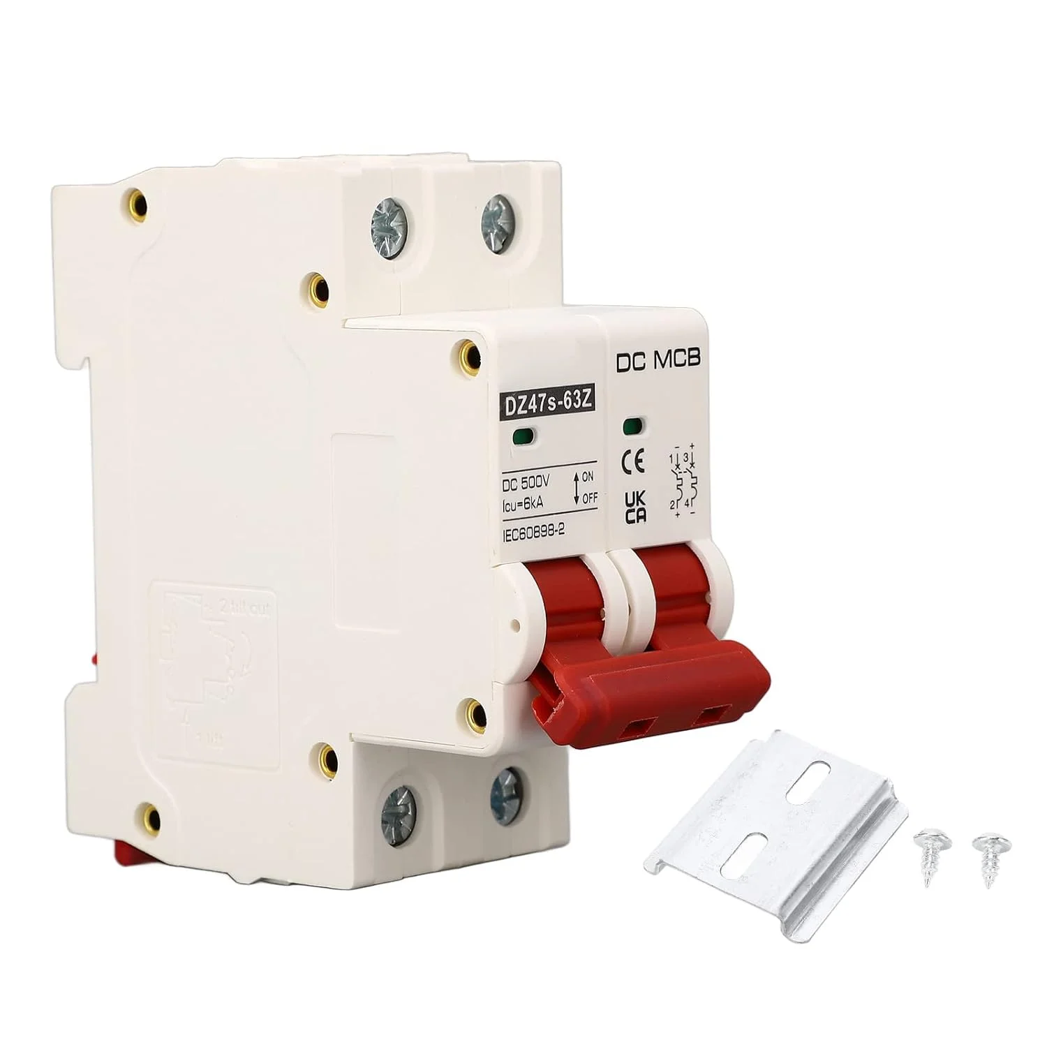 کلید مینیاتوری مدار DC ریزقوی 2P 500V مدل Dz47S، کلید مینیاتوری الکتریکی 6000 آمپر (32 آمپر)