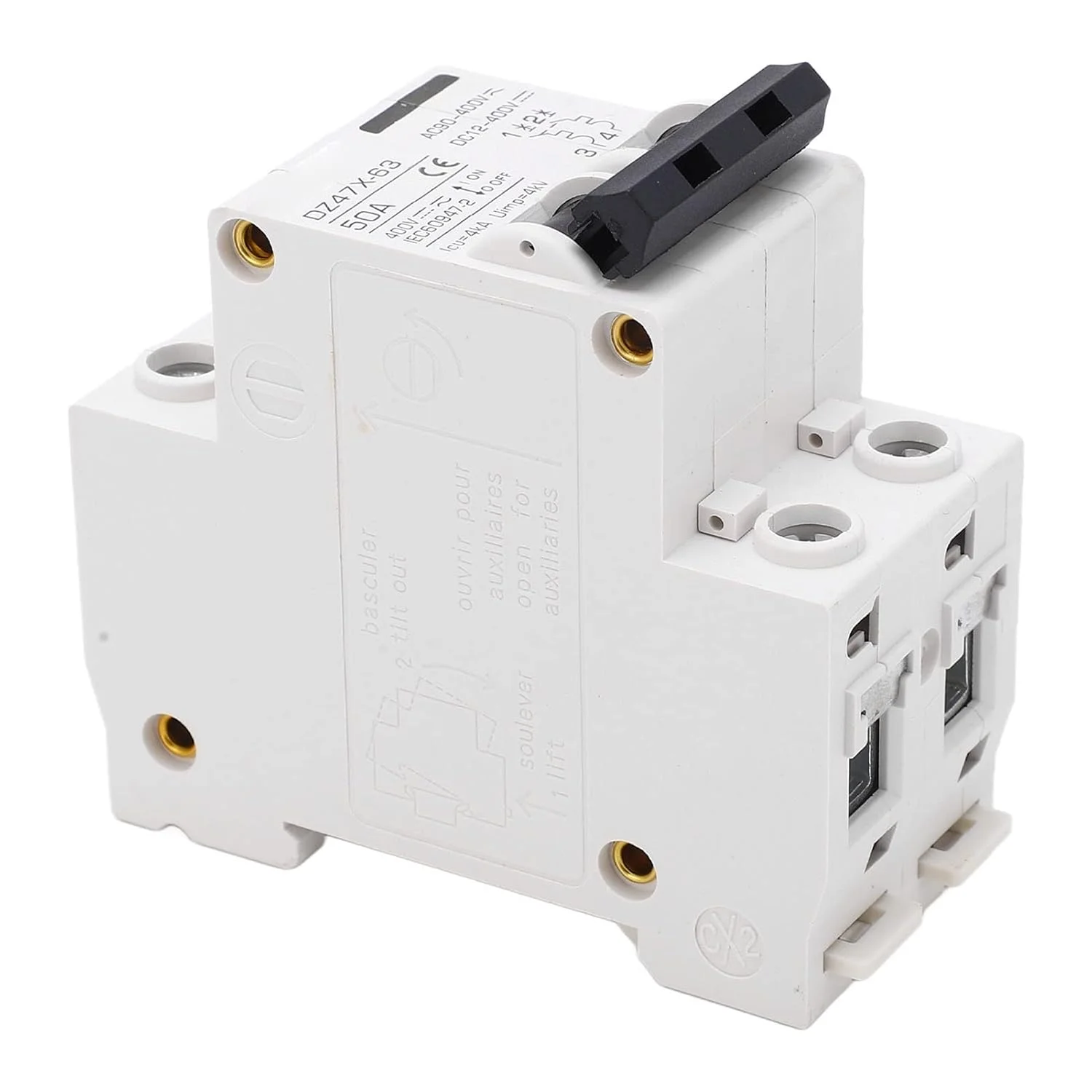 قطع کننده مدار AC DC ففوف 50 آمپر 4KA 2P تریپ الکترومغناطیسی نصب DIN 35 میلی متری برای قطع کننده مدار ایمنی PV خورشیدی 400 ولت، جنس: Pa66