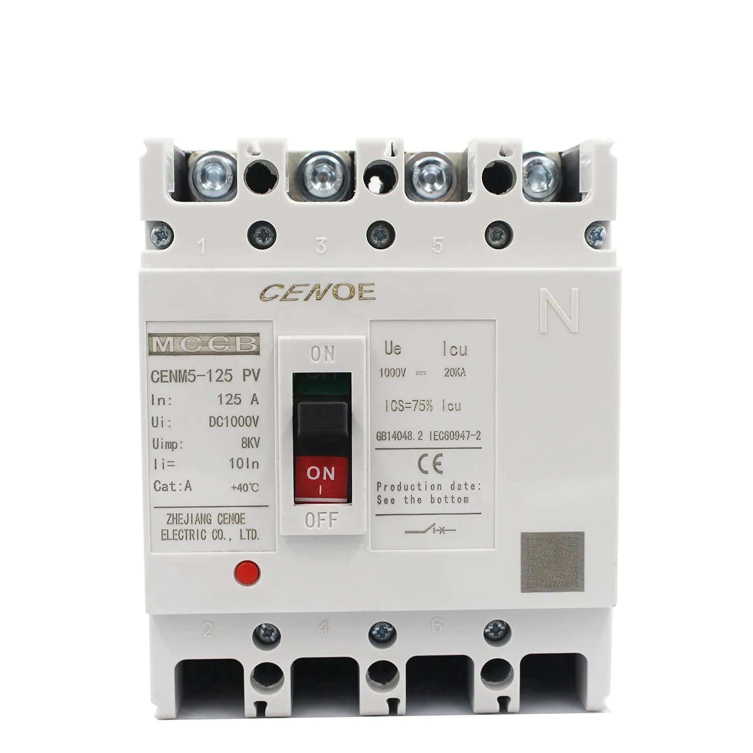TOOLSA - بهترین قطع کننده مدار MCCB DC مدل CENM5-125 PV DC 1000V 125A 4P، قطع کننده مدار قالب‌گیری شده برای سیستم‌های خورشیدی فتوولتائیک