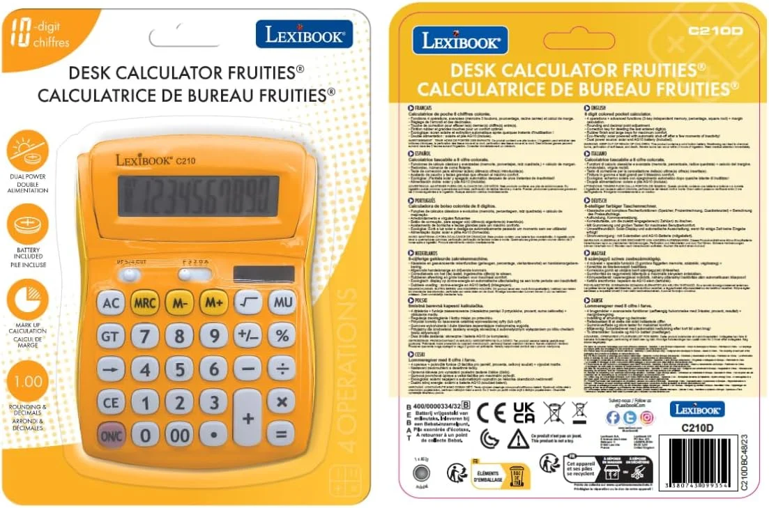ماشین حساب رومیزی Lexibook - FRUITIES® با صفحه نمایش شیب دار، 10 رقم، عملکردهای پایه و پیشرفته، کلیدهای بزرگ، با انرژی خورشیدی و باتری، زرد، C210D ماشین حساب رومیزی Lexibook - FRUITIES® با صفحه نمایش شیب دار، 10 رقم، عملکردهای پایه و پیشرفته، کلیدهای بزرگ، با انرژی خورشیدی و باتری، زرد، C210D
