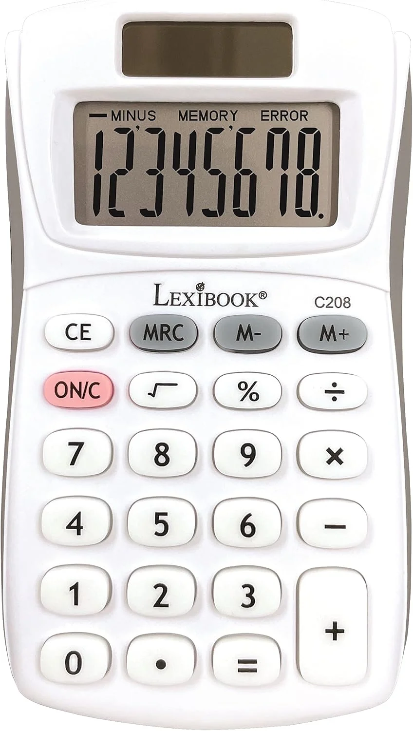 ماشین حساب جیبی 8 رقمی Lexibook - عملکرد پایه و حافظه - کلیدهای سیلیکونی نرم برای دفتر، مدرسه، خانه - خورشیدی و باتری - سفید/خاکستری - C208