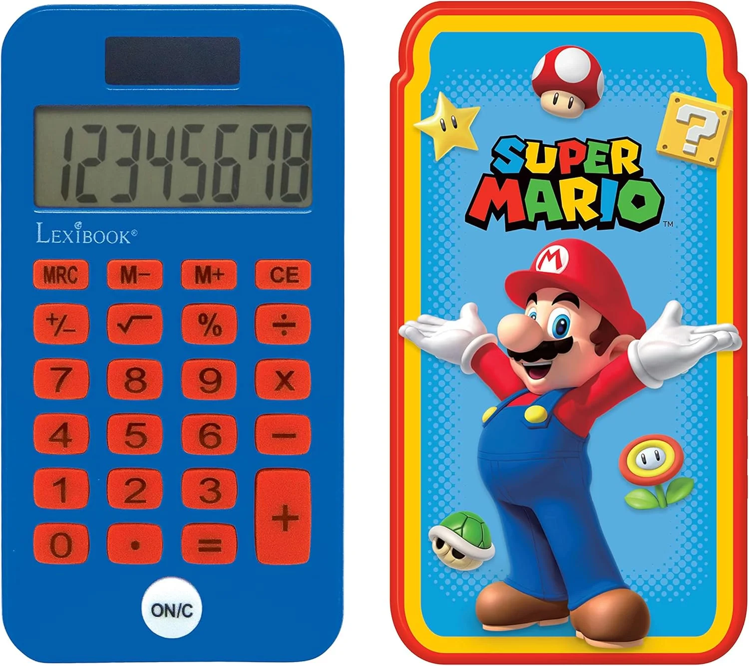 ماشین حساب جیبی لکسی بوک Super Mario، عملکردهای ماشین حساب معمولی و پیشرفته، پوشش محافظ سخت، با باتری، قرمز/آبی، C45NI