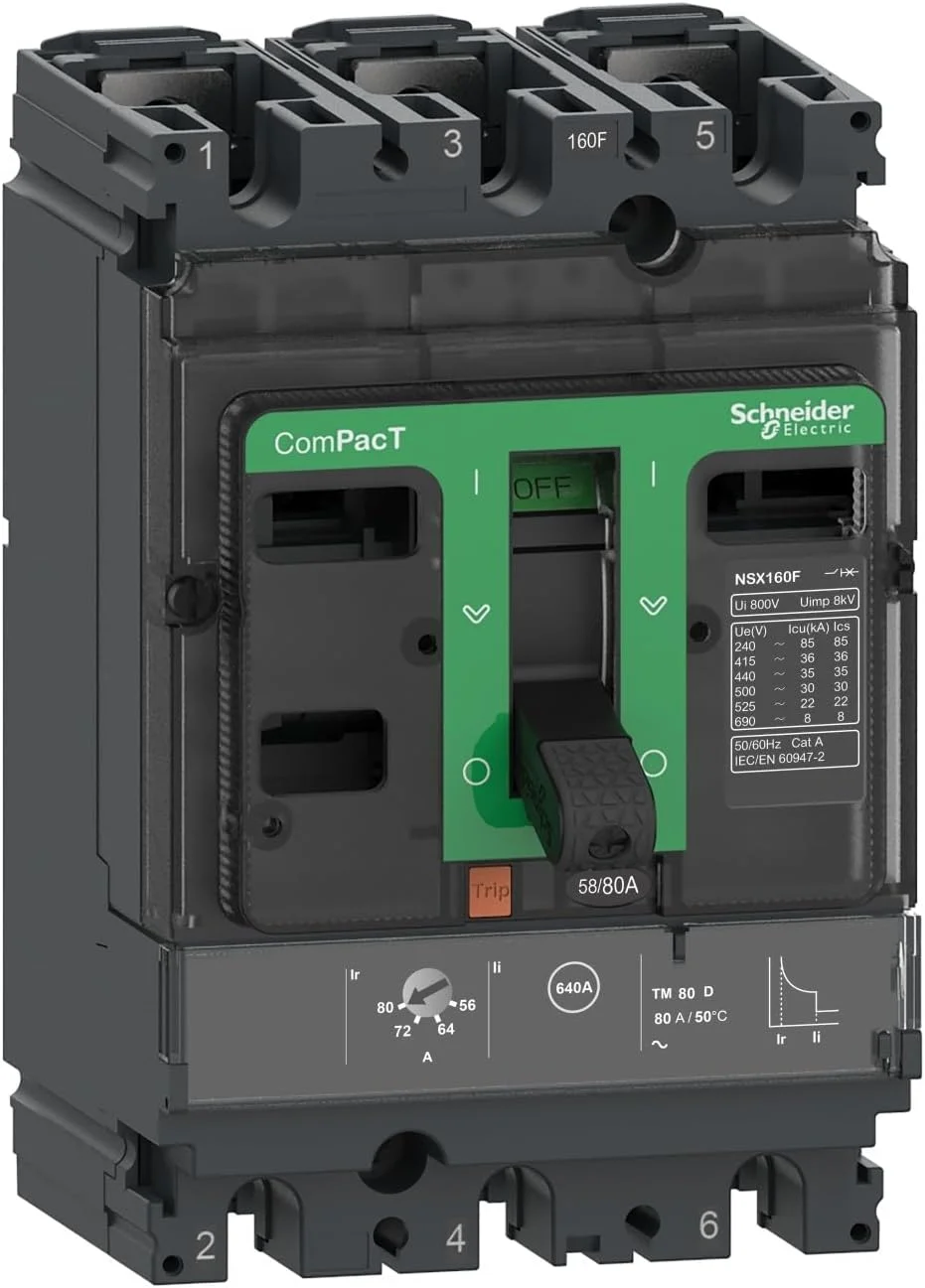 اشنایدر الکتریک ComPacT، کلید مدار ComPacT NSX100F، 36kA در 415VAC، واحد تریپ TMD 100A، 50 درجه سانتیگراد، 3 پل 3D، C10F3TM100C