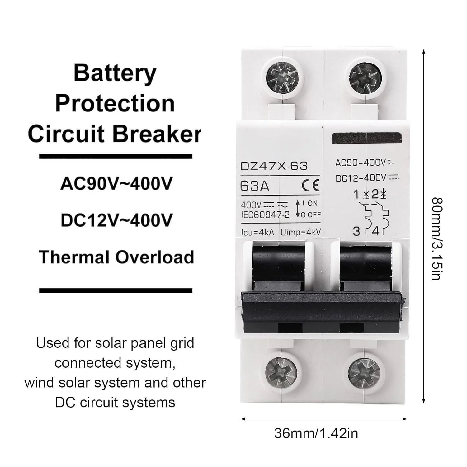 کلید مینیاتوری AC DC، اطفاء قوس DC، قطع سریع، نصب آسان، کلید مدار ریلی DIN 63 آمپر 2P با کاربرد گسترده برای پنل خورشیدی کلید مینیاتوری AC DC، اطفاء قوس DC، قطع سریع، نصب آسان، کلید مدار ریلی DIN 63 آمپر 2P با کاربرد گسترده برای پنل خورشیدی