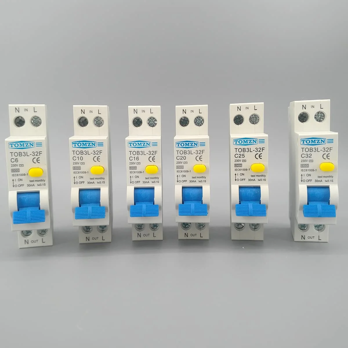 TOOLSA - 230 ولت 50/60 هرتز RCBO 1P+N 6KA کلید مدار اتوماتیک دیفرانسیل جریان باقیمانده با حفاظت از نشت جریان اضافه (10 آمپر)
