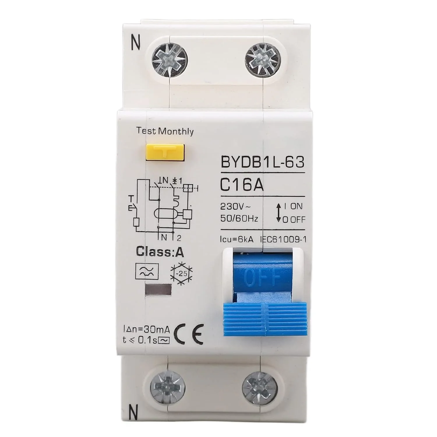کلید مینیاتوری محافظ جان تیپ A مدل Jectse BYDB1L-63 16A 230V 16A 30mA، کلید قطع کننده نصب شده روی ریل DIN