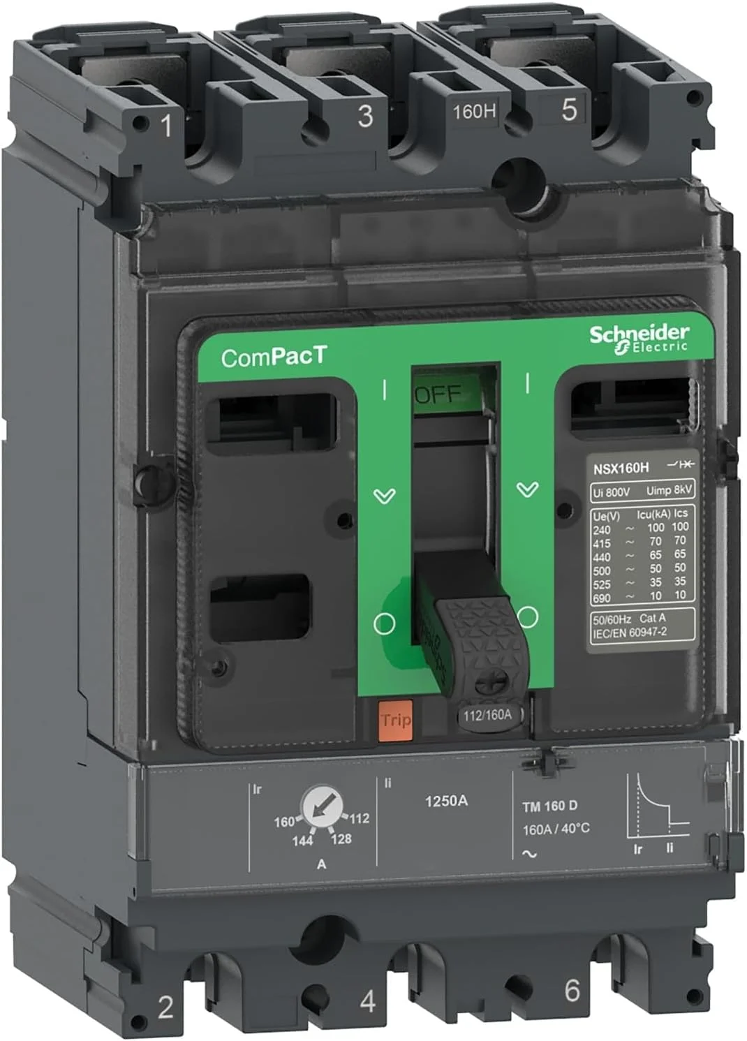 اشنایدر الکتریک ComPacT، کلید مدار ComPacT NSX160F، 36kA در 415VAC، واحد تریپ TMD 125A، 50 درجه سانتیگراد، 3 پل 3D، C16F3TM125C