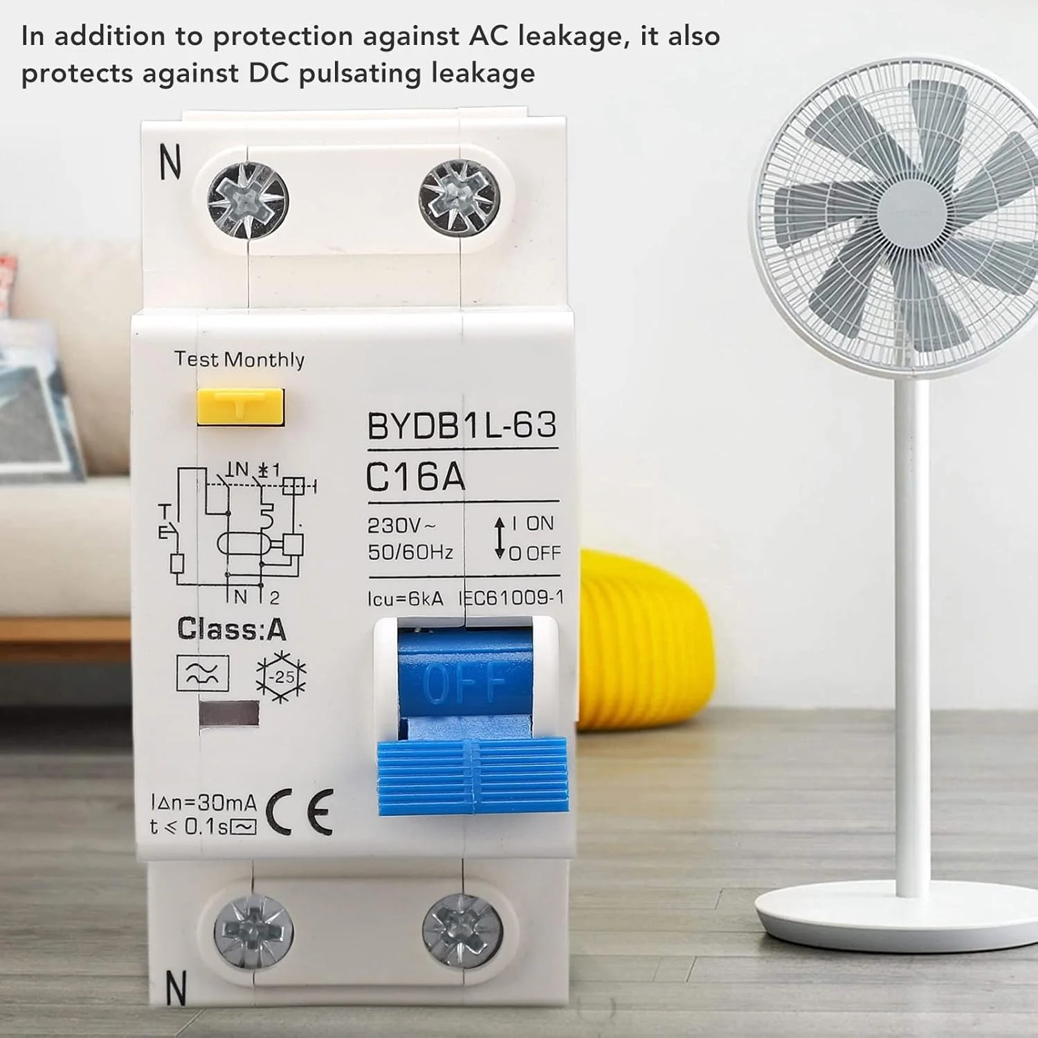 کلید مینیاتوری محافظ جان تیپ A مدل Jectse BYDB1L-63 16A 230V 16A 30mA، کلید قطع کننده نصب شده روی ریل DIN