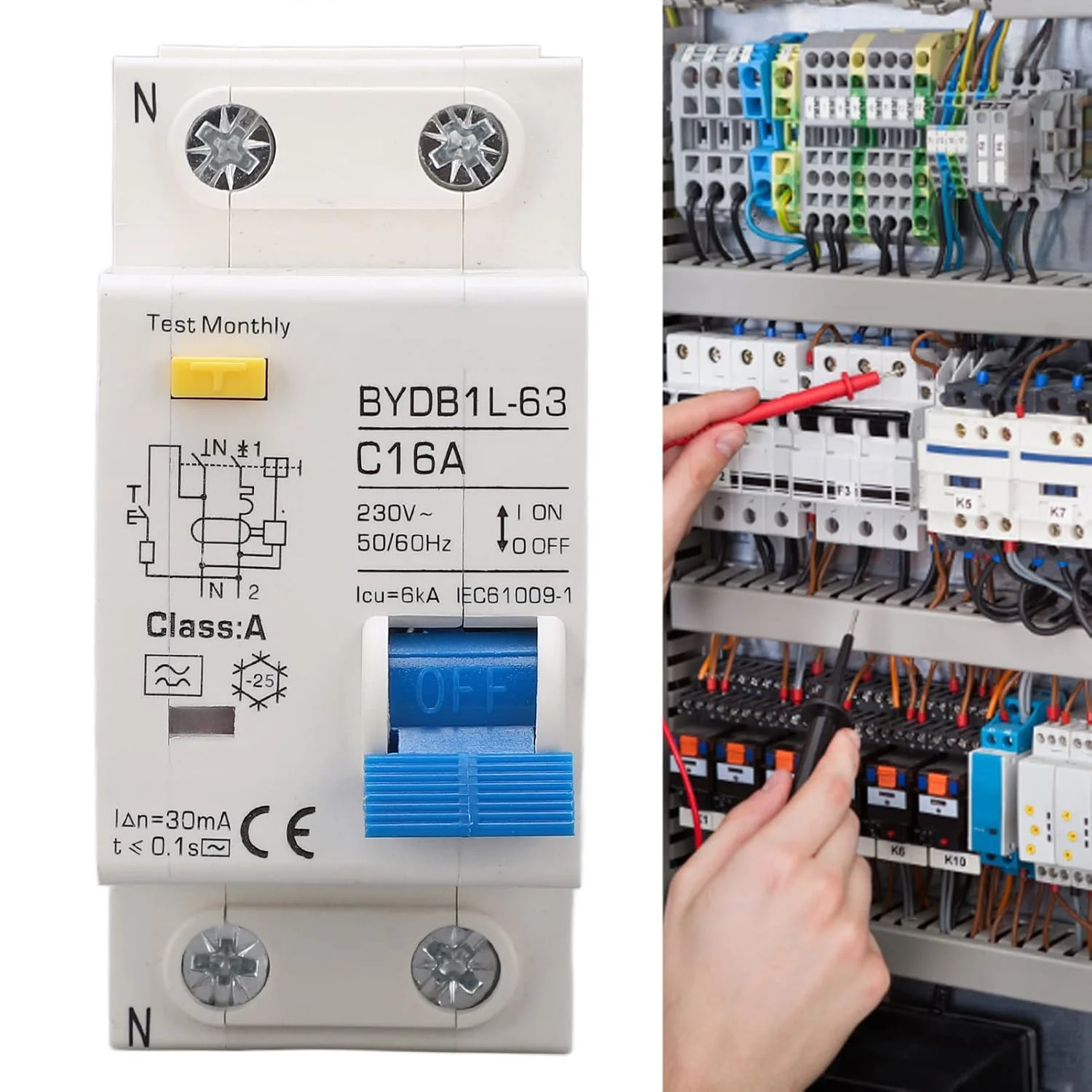 کلید مینیاتوری محافظ جان تیپ A مدل Jectse BYDB1L-63 16A 230V 16A 30mA، کلید قطع کننده نصب شده روی ریل DIN