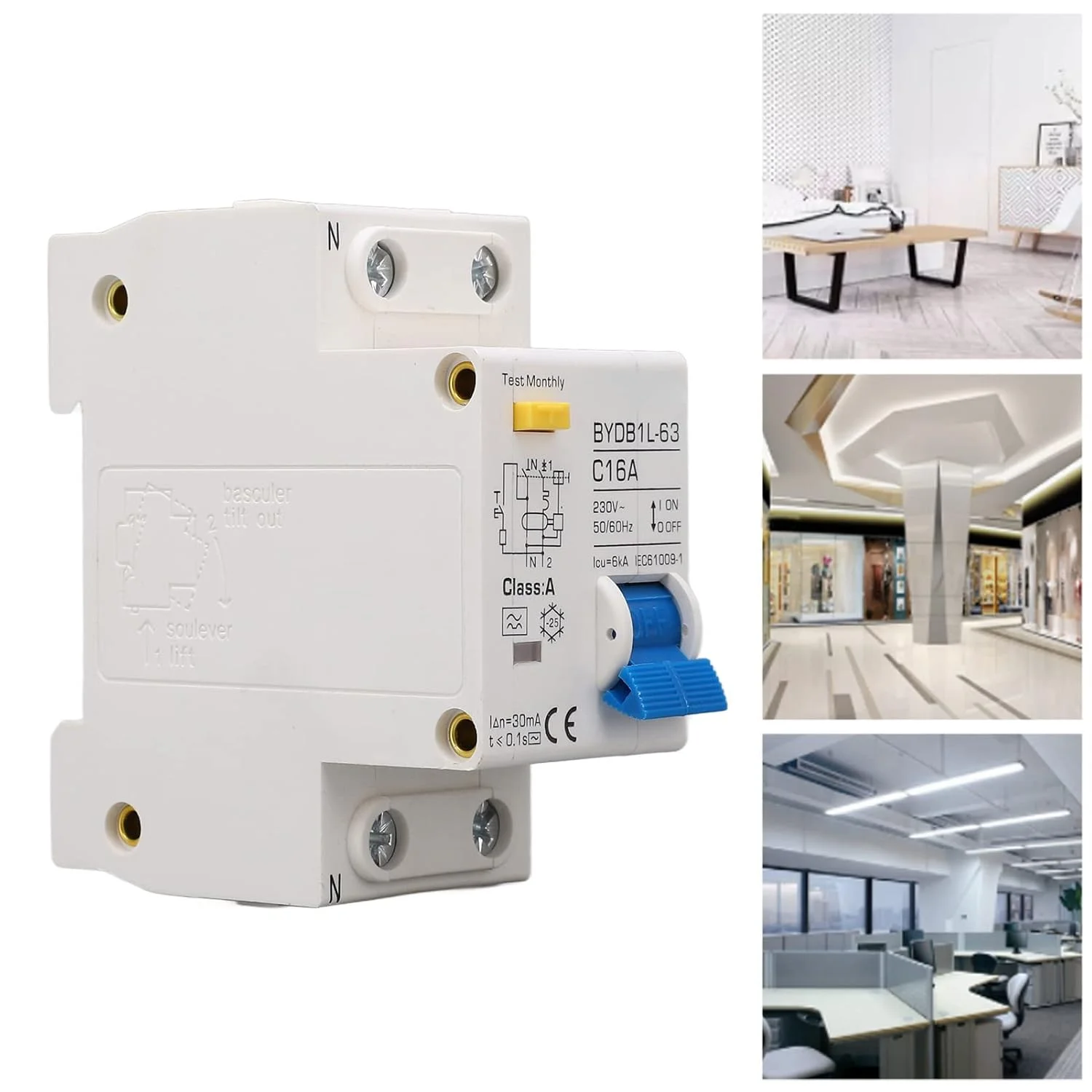کلید مینیاتوری محافظ جان تیپ A مدل Jectse BYDB1L-63 16A 230V 16A 30mA، کلید قطع کننده نصب شده روی ریل DIN