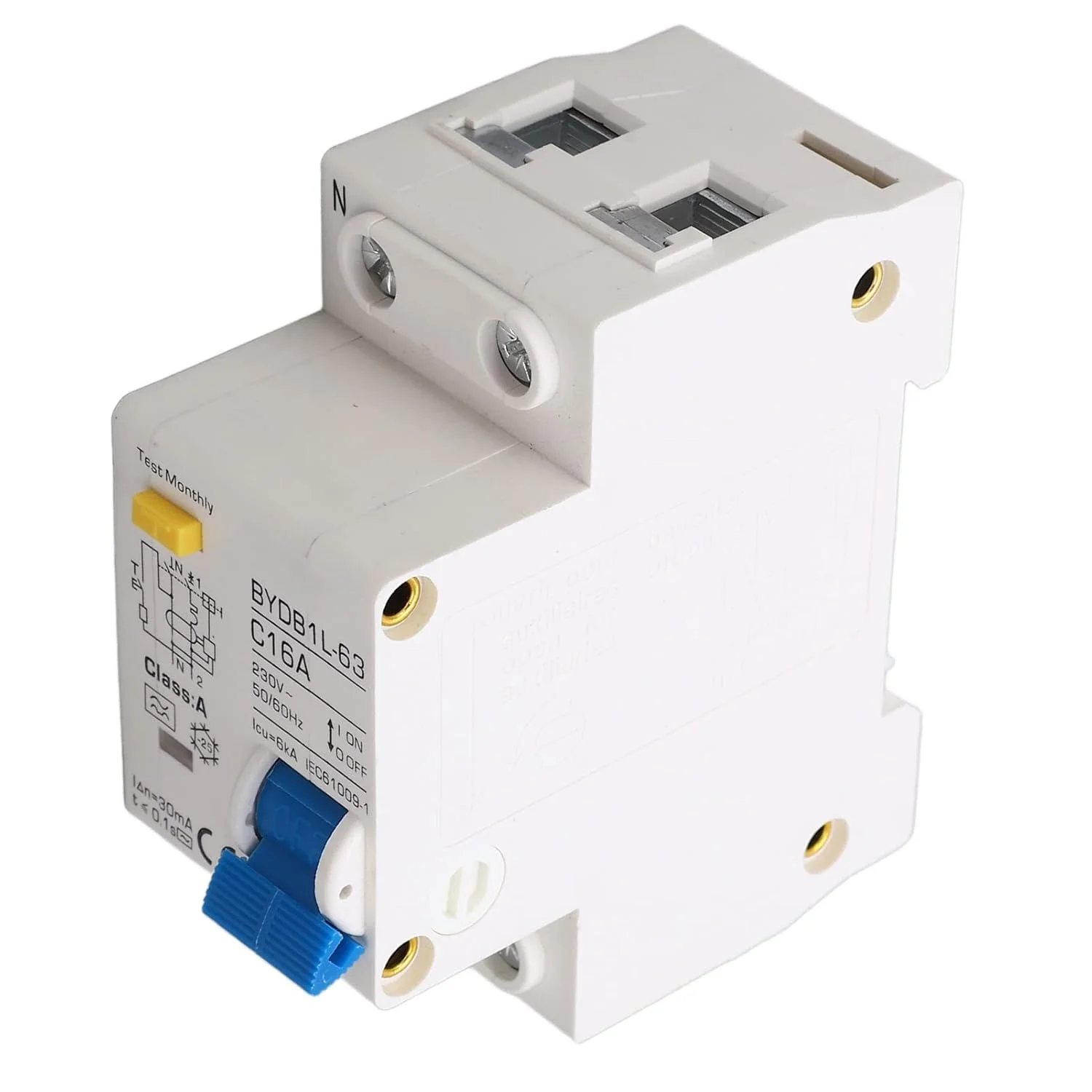 کلید مینیاتوری محافظ جان تیپ A مدل Jectse BYDB1L-63 16A 230V 16A 30mA، کلید قطع کننده نصب شده روی ریل DIN