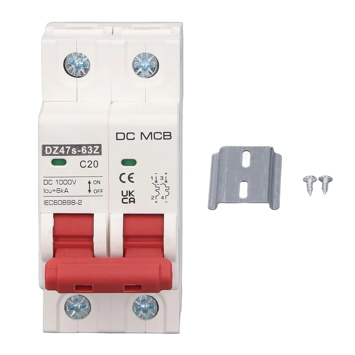 مینیاتوری مدار شکن DC ایوجگوو Pa66 20A، نصب روی ریل DIN 35 میلی‌متری، کمک مغناطیسی DC برای خاموش کردن قوس الکتریکی، Icu 6000A، ایزولاسیون و کنترل قابل اعتماد، مدار شکن خانگی PV