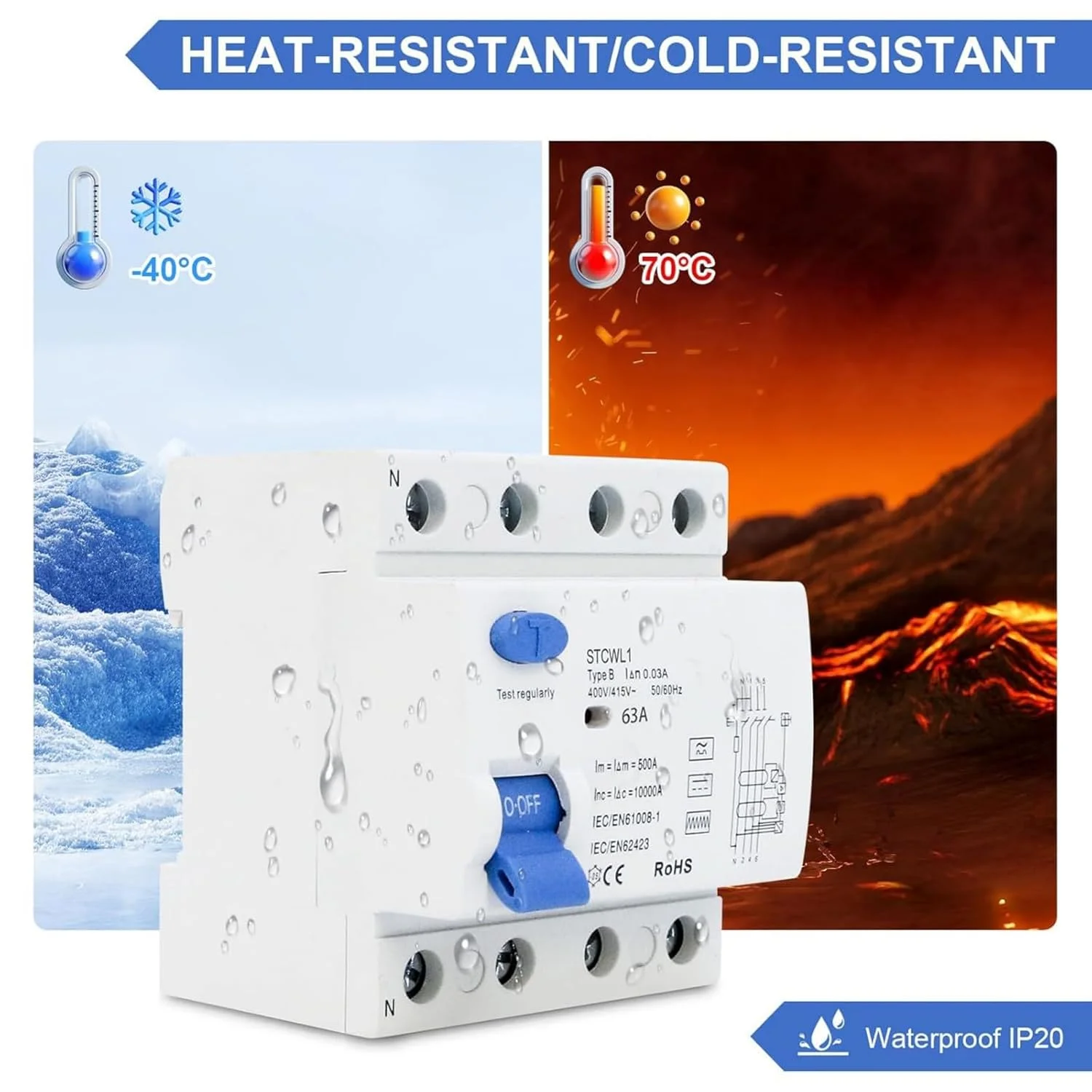 قطع کننده مدار جریان باقیمانده 4P 63A 30mA مدل A، دستگاه باقیمانده، ریل های Din، قطع کننده نشتی زمین، محافظ های نشتی قطع کننده مدار جریان باقیمانده 4P 63A 30mA مدل A، دستگاه باقیمانده، ریل های Din، قطع کننده نشتی زمین، محافظ های نشتی