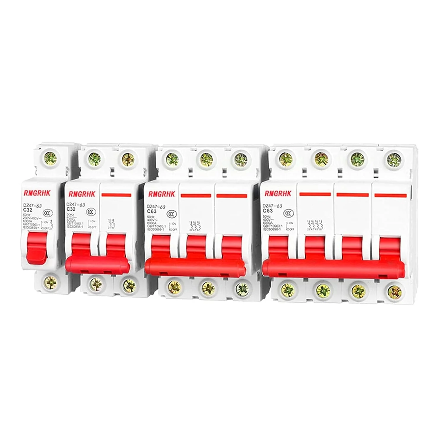 کلید مینیاتوری DZ47 1-4 پل 3A/6A/10A/16A/20A/32A/40A/50A/63A 400V نوع C، کلید مینیاتوری MCB با قابلیت نصب روی ریل DIN 35 میلی‌متری و قدرت قطع 6KA، محافظ نشتی زمین (رنگ: 10 آمپر، سایز: 4)