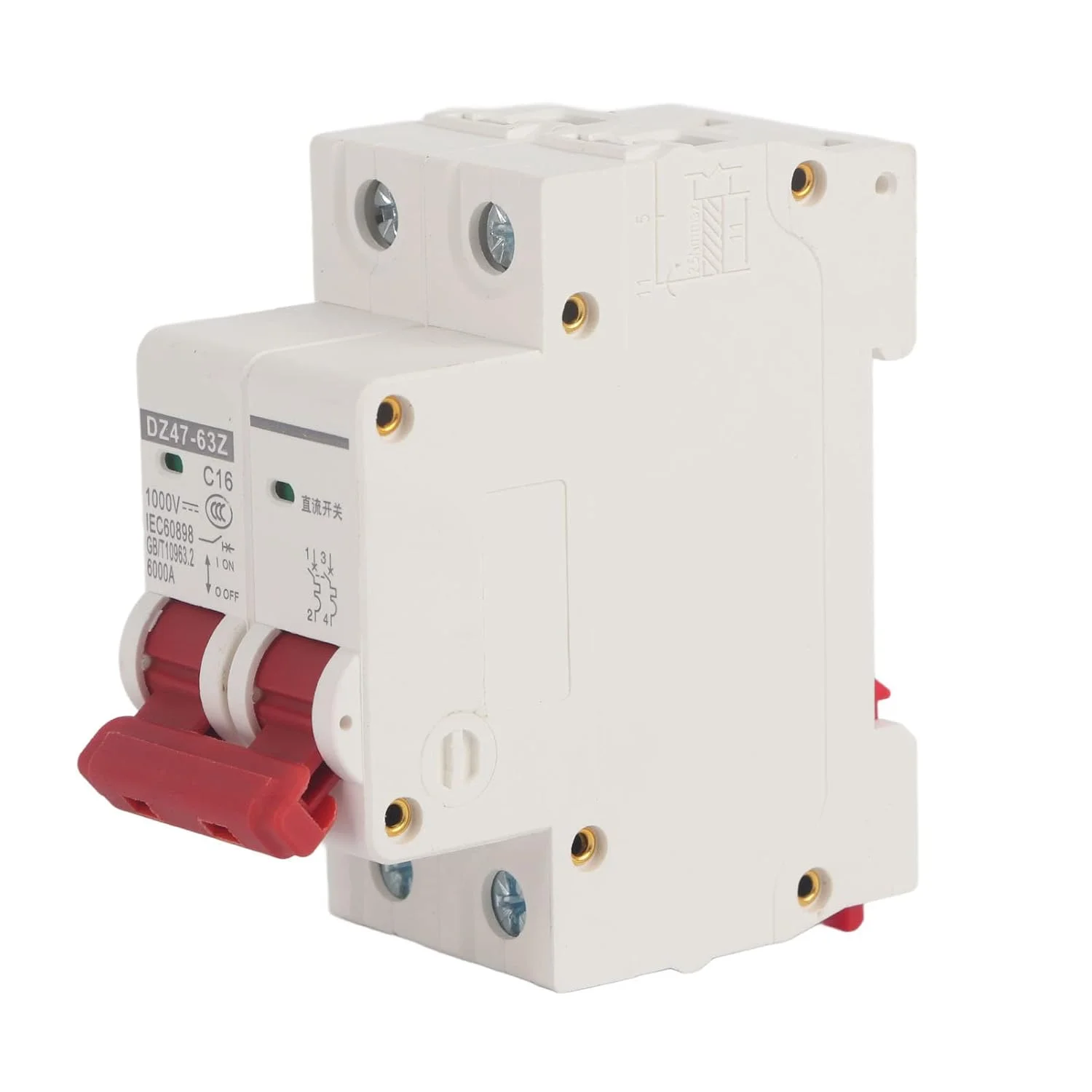 محافظ قطع کننده مدار Eujgoov، 16 آمپر DC1000V، نصب روی ریل DIN، ظرفیت شکست 6000 آمپر، سیستم های برق کشتی، سیستم های فتوولتائیک خورشیدی، موتورسیکلت برقی