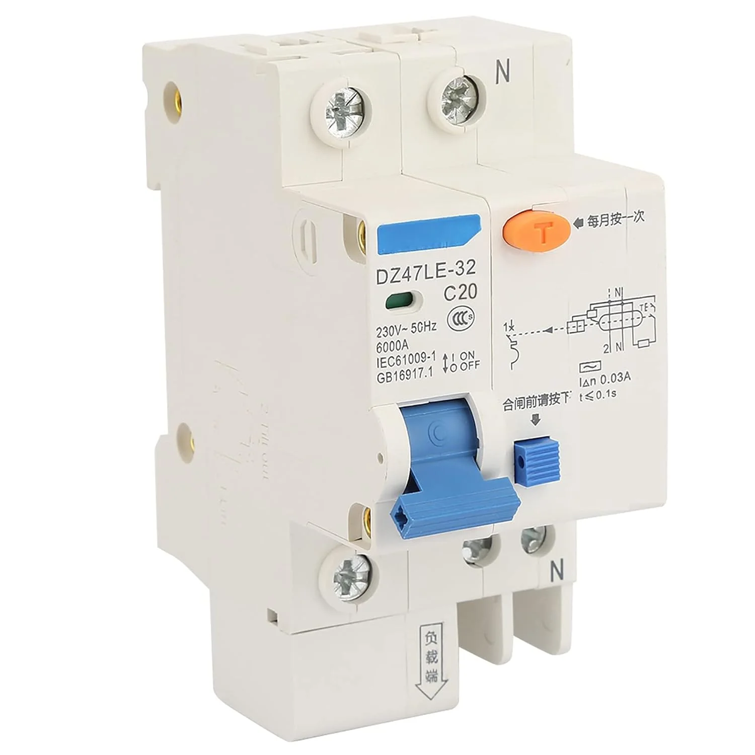 کلید مینیاتوری محافظ جان Domary DZ47LE 32 1P+N 16A 20A 230V برای پروژه های مهندسی خانگی (20 آمپر)