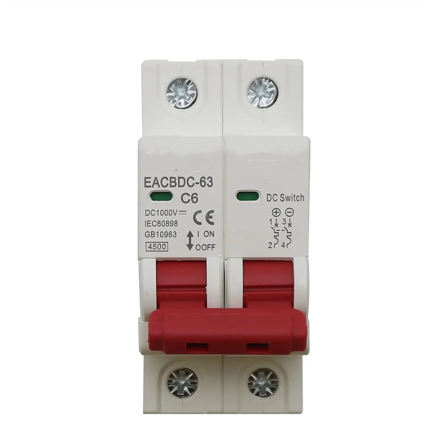 کلید مینیاتوری 1000 ولت DC خورشیدی با محافظت در برابر اضافه بار 6a/10a/16a/20a/25a/32a/40a/50a/63a 2 پل DC1000V محافظ فوتوولتائیک در برابر نشتی زمین (رنگ: 10 آمپر، اندازه: DC 2P)
