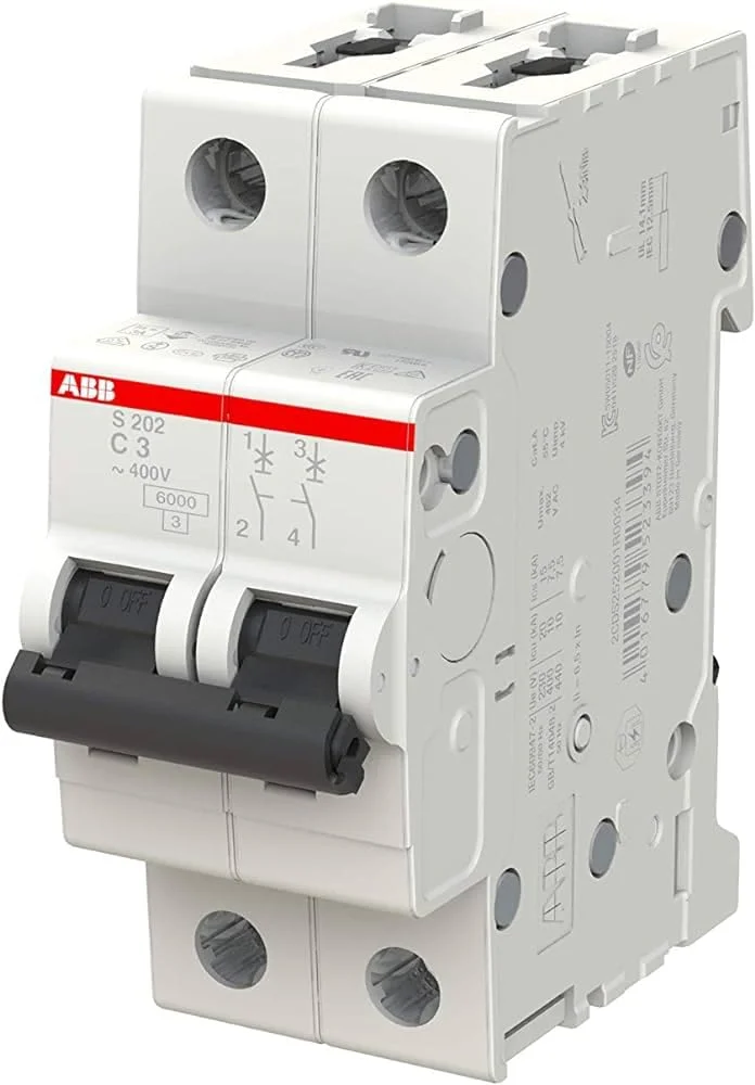 فیوز مینیاتوری 2 پل 3 آمپر ABB مدل 2CDS252001R0034، ولتاژ 440 ولت AC، قدرت قطع 6 کیلو آمپر، تریپ حرارتی/الکترومکانیکی، ابعاد 35x69x88 میلی متر