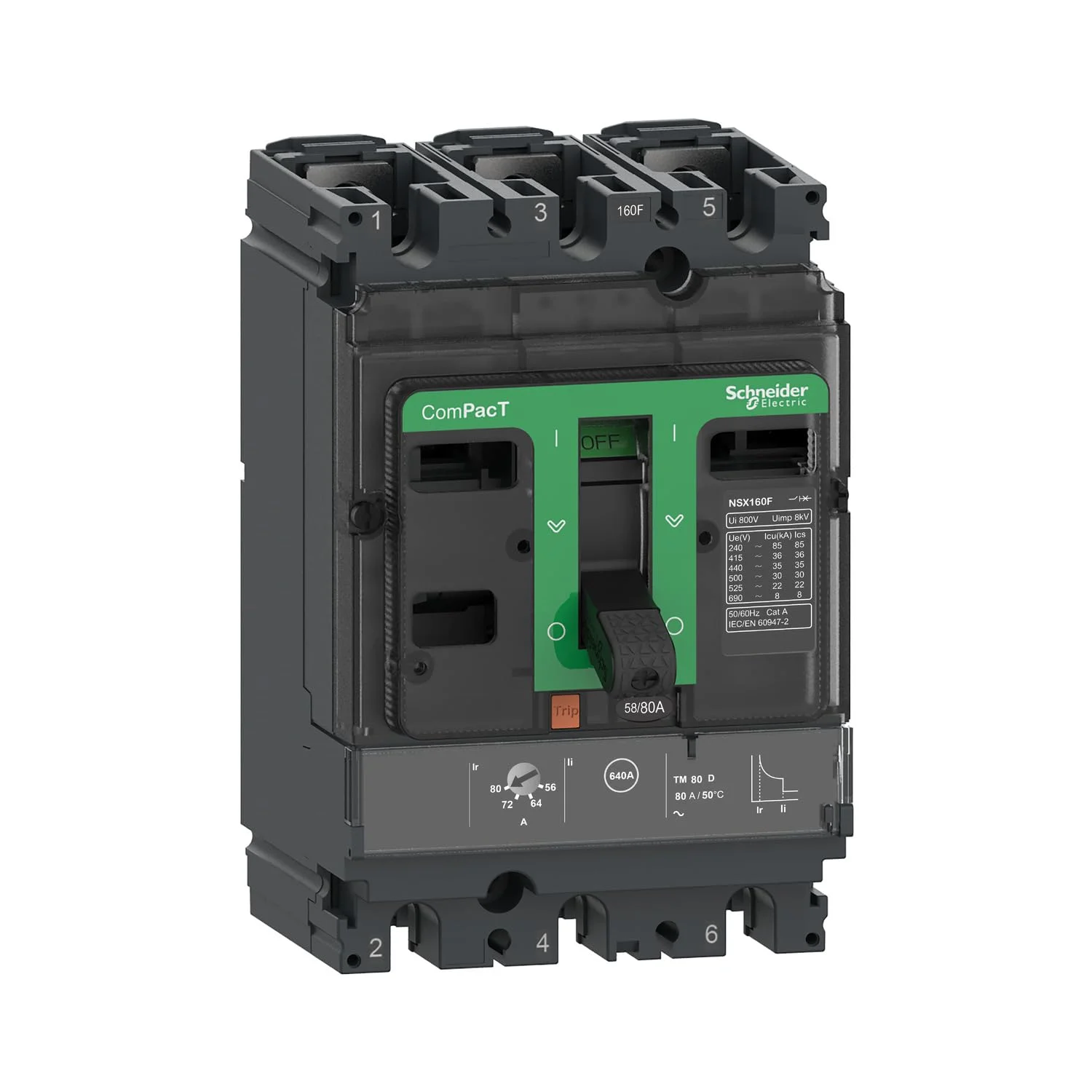 کلید اتوماتیک کامپکت NSX100F مدل C10F3TM063C، قدرت قطع 36kA در 415VAC، واحد تریپ TMD 63A، دمای 50 درجه سانتیگراد، 3 پل 3D