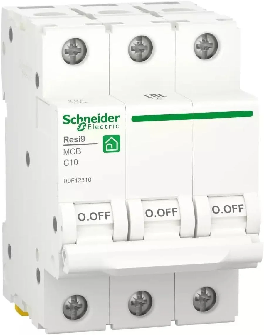 کلید مینیاتوری Schneider Electric Resi9، MCB، Resi9، 3 پل، 10 آمپر، منحنی C، 6000 آمپر (IEC/EN 60898-1)، R9F12310