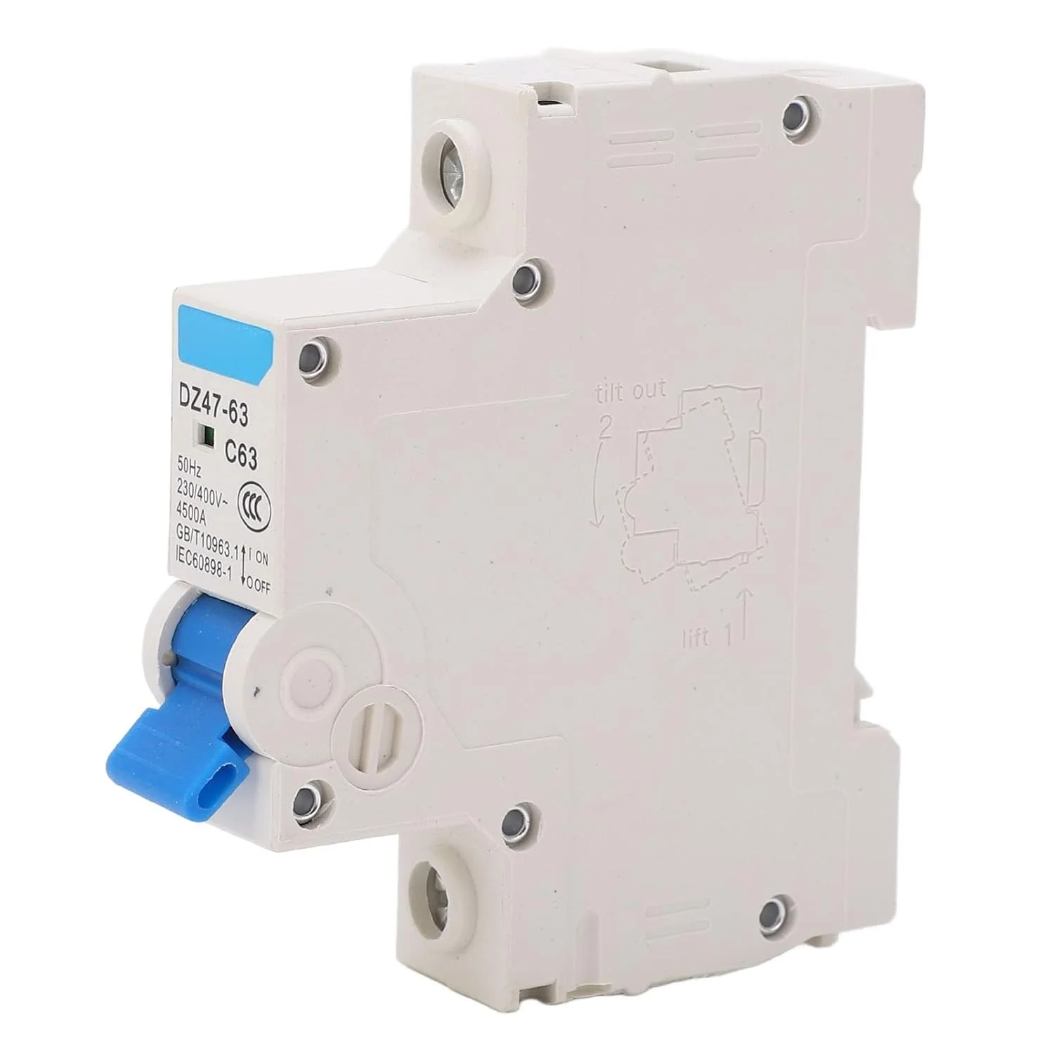 کلید مینیاتوری 1 پل جداکننده جریان با ظرفیت شکست 4500 آمپر AC 230V 400V 63A نصب روی ریل DIN