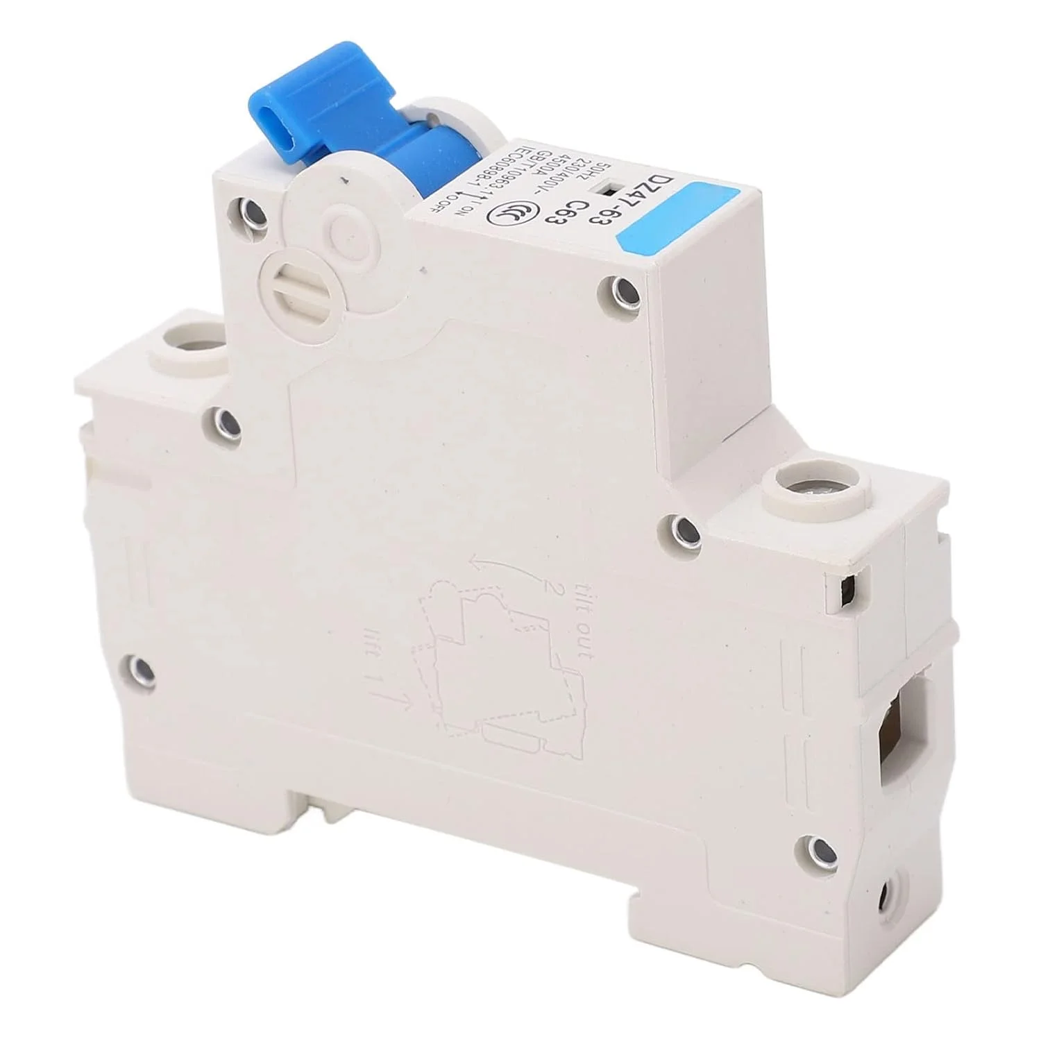 کلید مینیاتوری 1 پل جداکننده جریان با ظرفیت شکست 4500 آمپر AC 230V 400V 63A نصب روی ریل DIN کلید مینیاتوری 1 پل جداکننده جریان با ظرفیت شکست 4500 آمپر AC 230V 400V 63A نصب روی ریل DIN