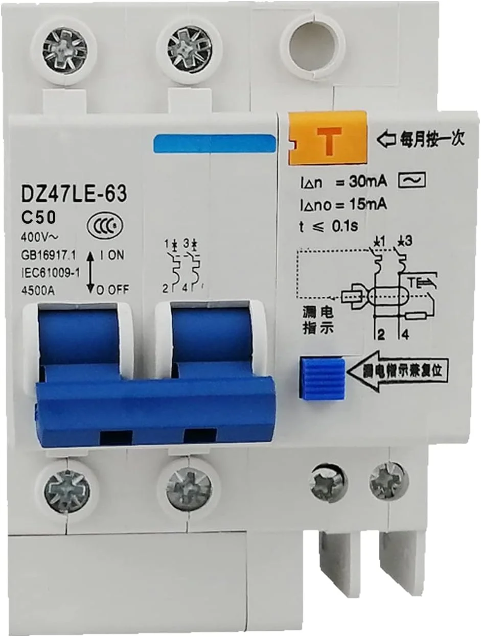 مینیاتوری کلید مدار باقیمانده t 2 پل 30mA 400V محافظ نشتی الکتریکی خانگی نصب ریل DIN مدل DZ47LE-63