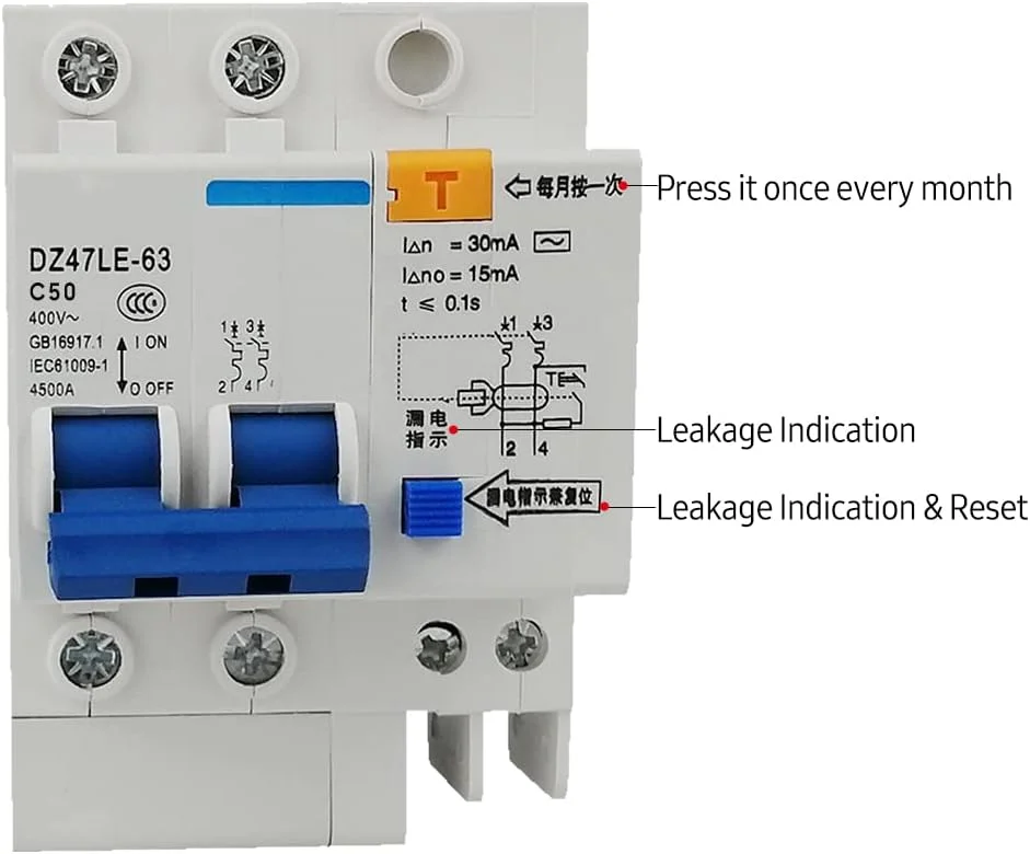 مینیاتوری کلید مدار باقیمانده t 2 پل 30mA 400V محافظ نشتی الکتریکی خانگی نصب ریل DIN مدل DZ47LE-63 مینیاتوری کلید مدار باقیمانده t 2 پل 30mA 400V محافظ نشتی الکتریکی خانگی نصب ریل DIN مدل DZ47LE-63