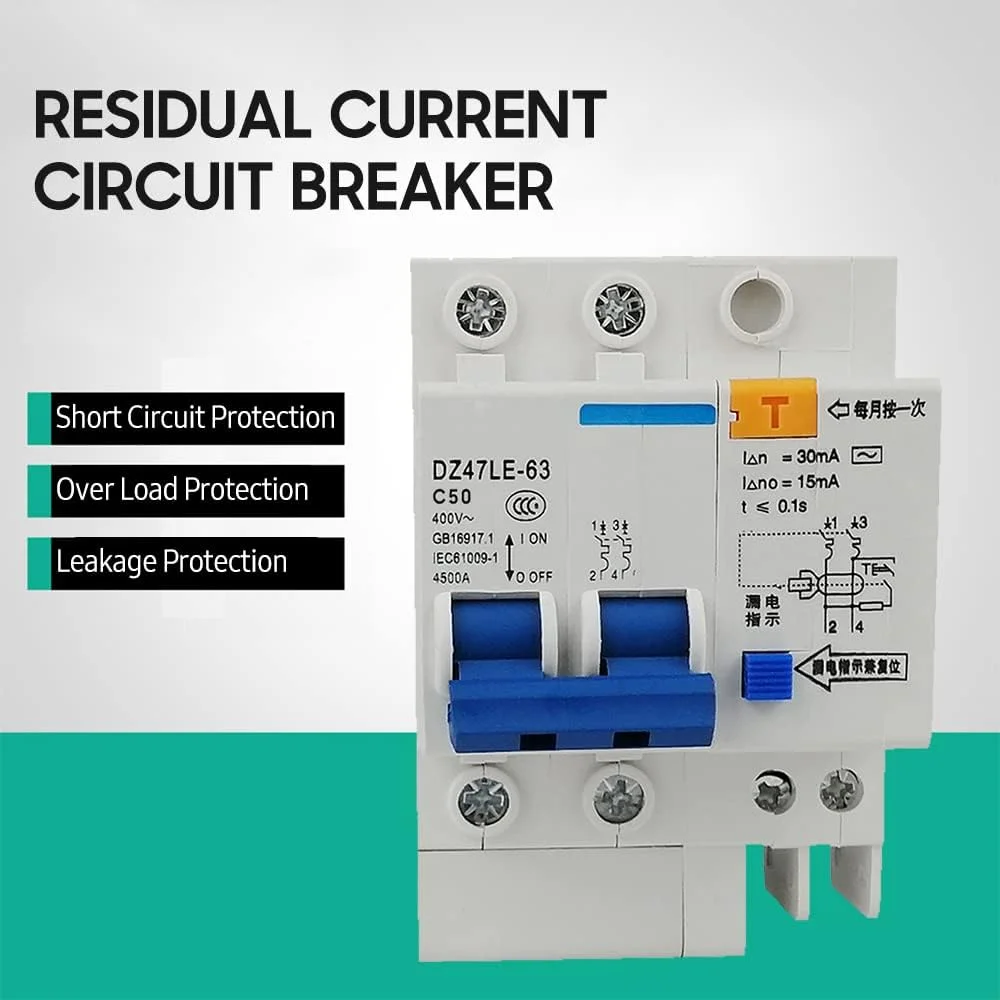 مینیاتوری کلید مدار باقیمانده t 2 پل 30mA 400V محافظ نشتی الکتریکی خانگی نصب ریل DIN مدل DZ47LE-63 مینیاتوری کلید مدار باقیمانده t 2 پل 30mA 400V محافظ نشتی الکتریکی خانگی نصب ریل DIN مدل DZ47LE-63