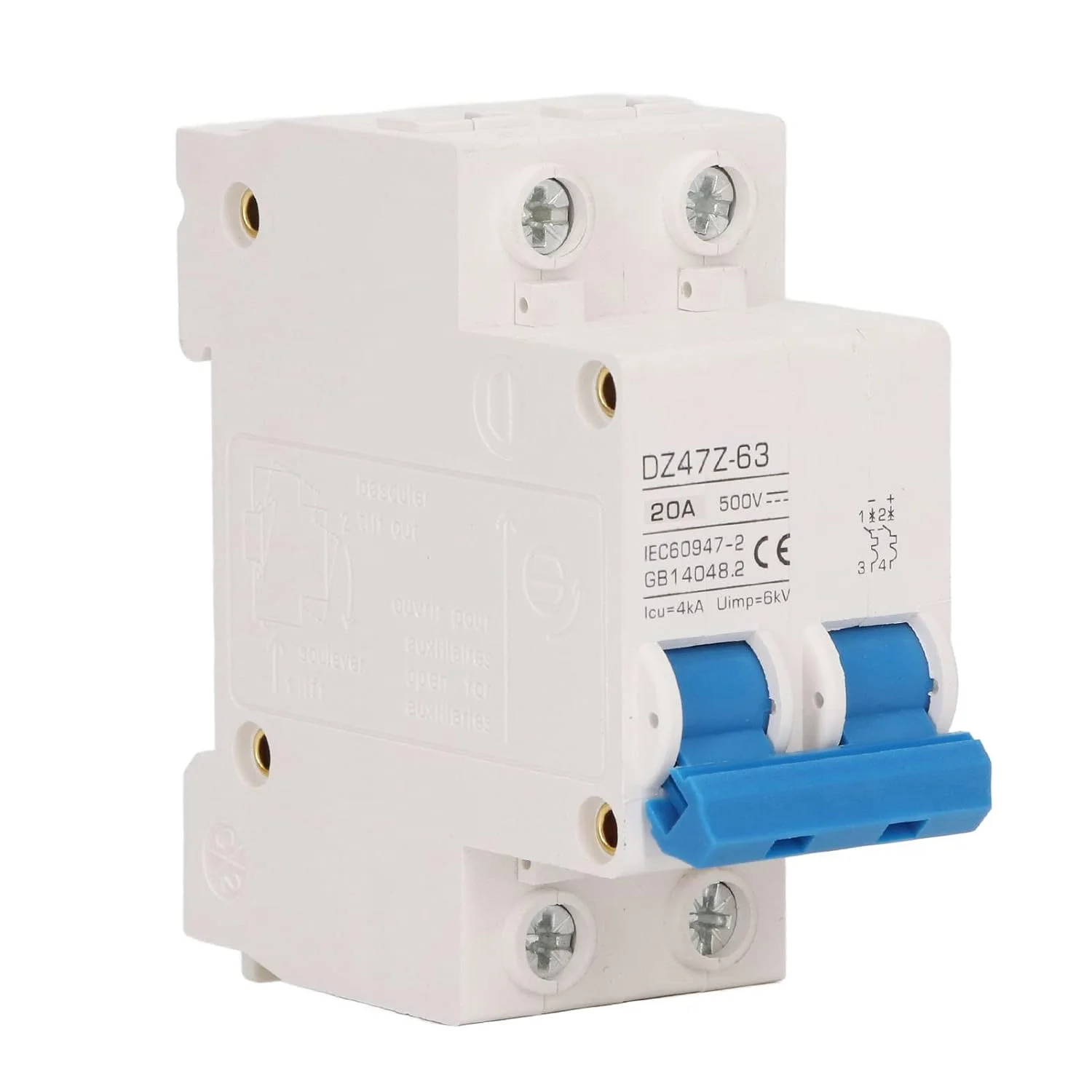 مینی کلید مدار DC دو پل 4kA Icu 6kV Uimp با قطع سریع سیستم PV خورشیدی، کلید مدار کوچک DC500V (20A) مینی کلید مدار DC دو پل 4kA Icu 6kV Uimp با قطع سریع سیستم PV خورشیدی، کلید مدار کوچک DC500V (20A)