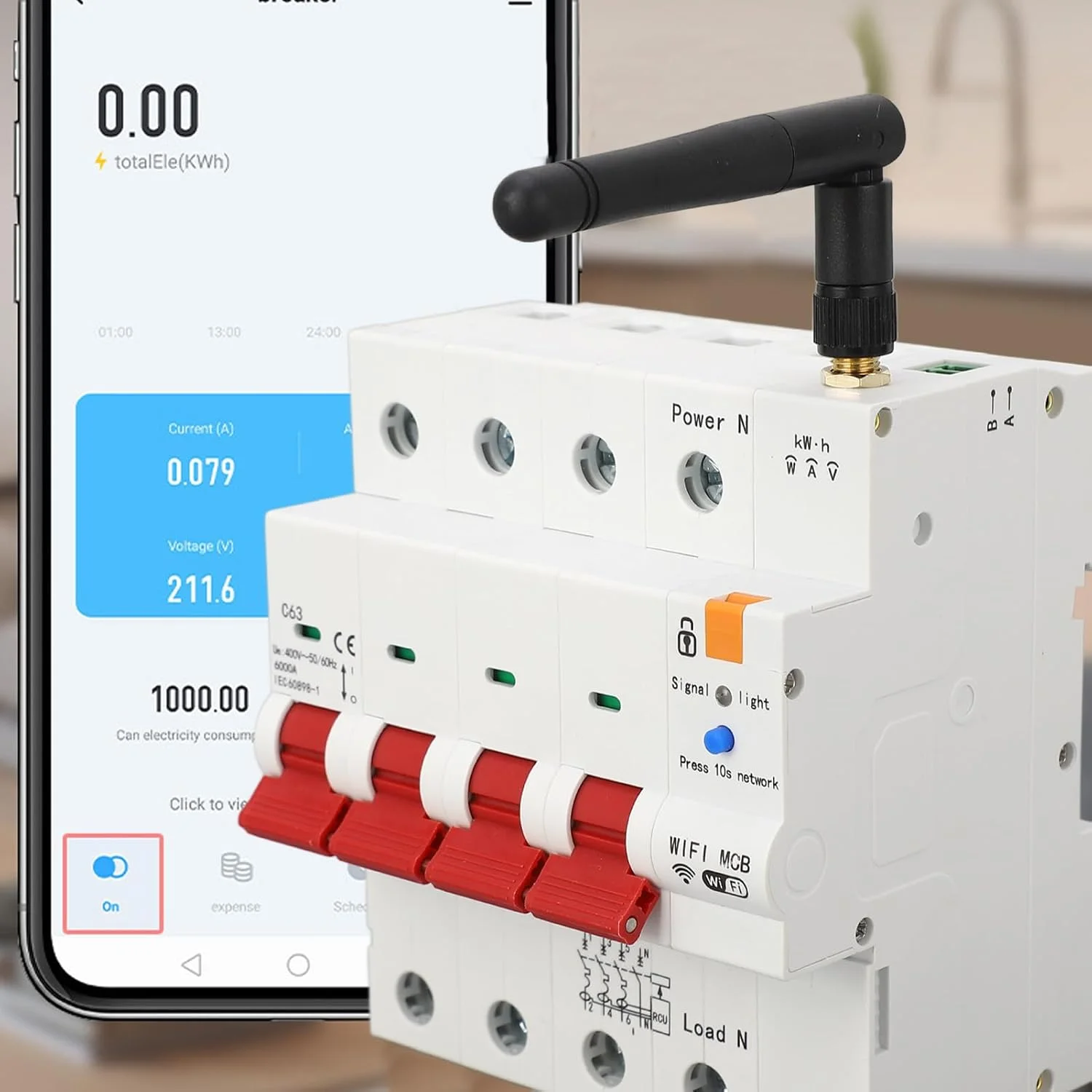 قطع کننده مدار WiFi BROLEO، کلید هوایی محافظت از نشت 4P برای کارخانجات خانگی، قطع کننده مدار مینیاتوری کنترل از راه دور APP با نظارت 24 ساعته بر برق، عملکرد زمان بندی