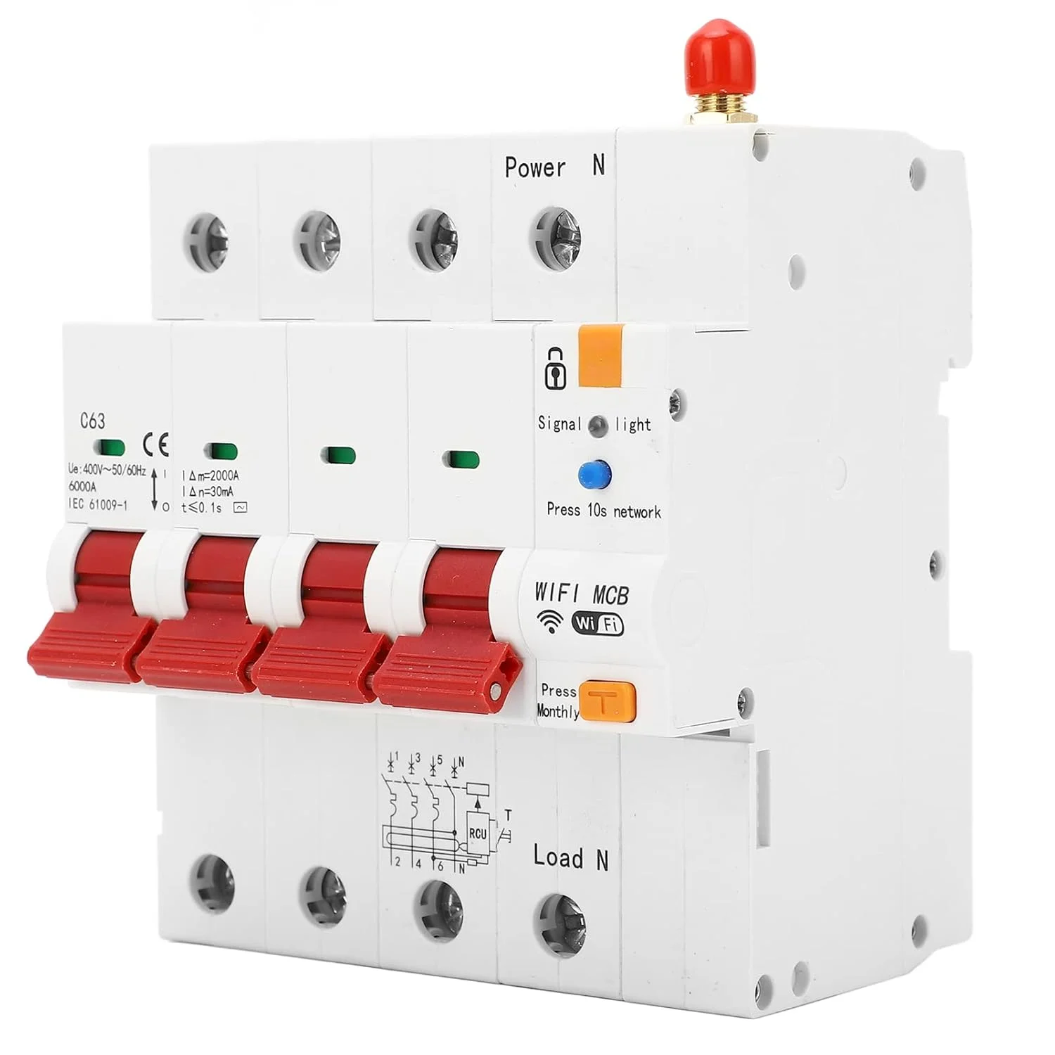 کلید مدار شکن هوشمند WiFi GUPE، AC 400V 63A 4P کنترل از راه دور برنامه تلفن همراه کلید مدار شکن ریلی Din IP20 کلید مدار شکن مینیاتوری با قفل برای کارخانه ها و منازل