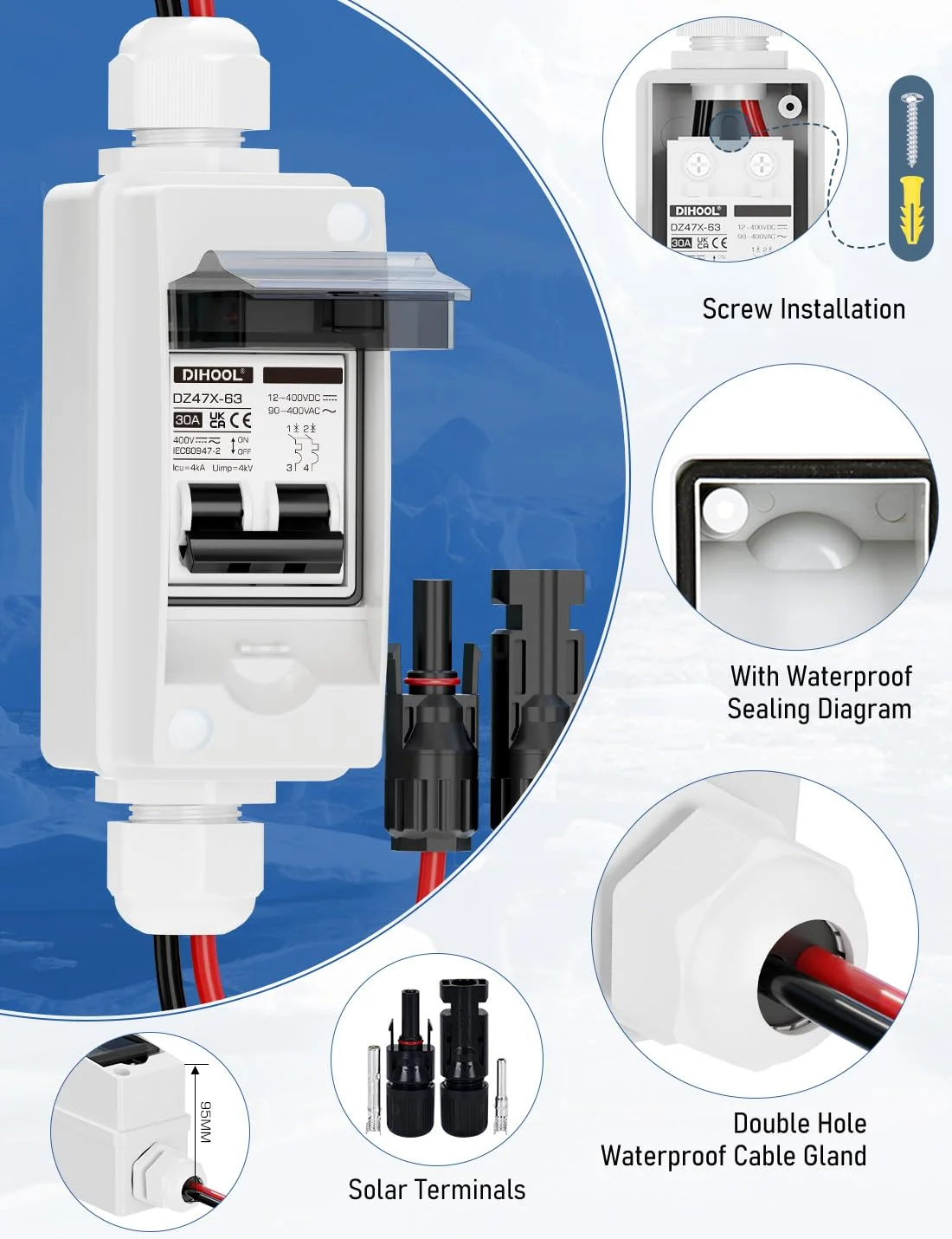 کلید قطع کننده 30 آمپر 12V-400V DC | جعبه توزیع IP65 مینیاتوری مدار شکن برای پنل های خورشیدی | DC AC 110V 240V پلاگین و پخش MCB
