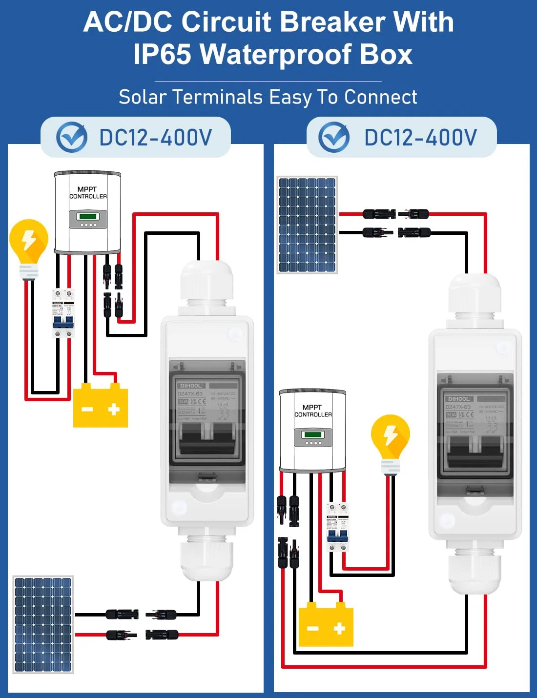 کلید قطع کننده 30 آمپر 12V-400V DC | جعبه توزیع IP65 مینیاتوری مدار شکن برای پنل های خورشیدی | DC AC 110V 240V پلاگین و پخش MCB