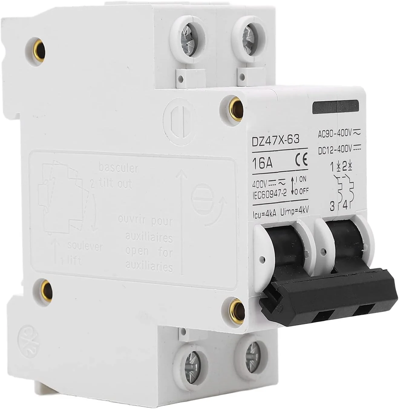قطع کننده مدار مینیاتوری AC DC دو پل سوراندی، DZ47X-63 16A DC 12-400V، AC 90-400V نصب ریلی DIN ولتاژ پایین، سوئیچ قطع کننده خورشیدی، قطع کننده مقاوم در برابر شعله برای پنل های خورشیدی