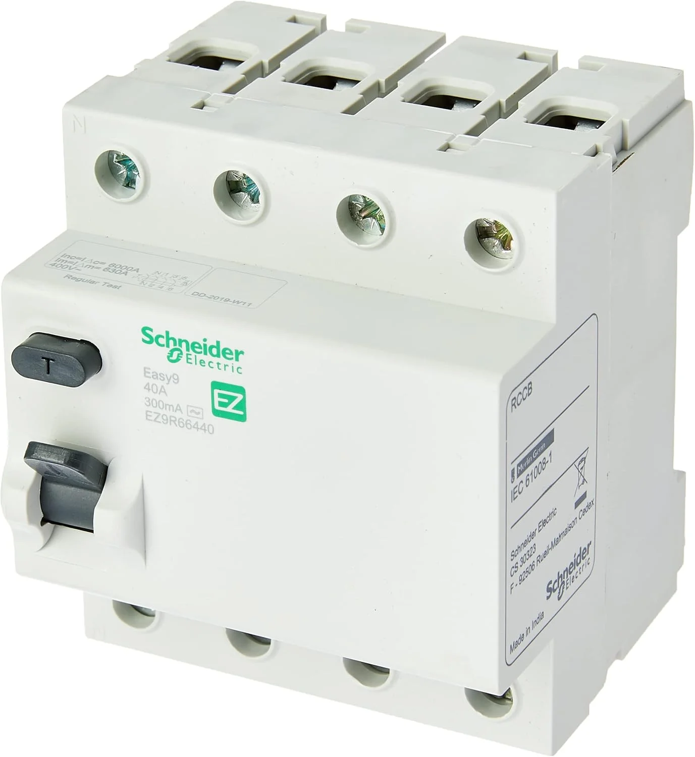 کلید محافظ جان Schneider Easy9 RCCBS مدل Easy9 - 4 پل - 40 آمپر - 300 میلی آمپر - نوع AC - 400 ولت [EZ9R66440]