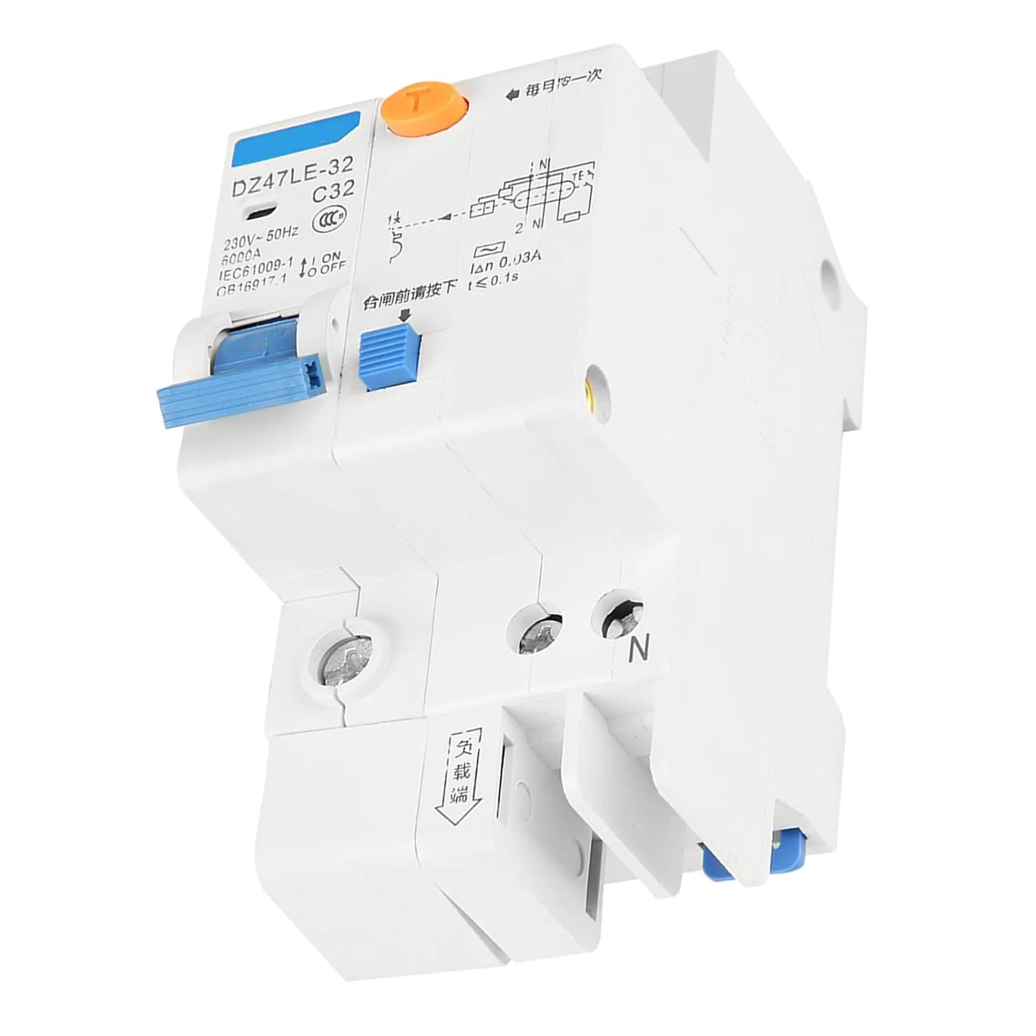کلید مینیاتوری محافظ جان ترکیبی Eujgoov DZ47LE-32 1P N C32، جریان نشتی 30 میلی آمپر، 230 ولت، کاربرد جهانی