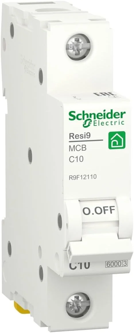 کلید مینیاتوری تک پل 10 آمپر Schneider Electric Resi9 با منحنی C و قدرت قطع 6000 آمپر مطابق با استاندارد IEC/EN 60898-1