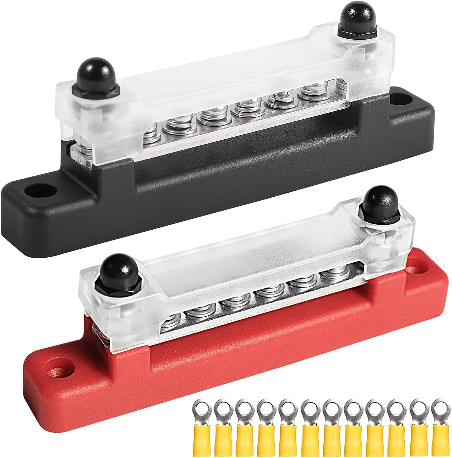 شینه برق تک ردیفه 6 ترمینال 150 آمپر با پوشش، توزیع زمین، بلوک ترمینال توزیع برق با 6 پیچ M4 و 2 استد، برای خودرو، قایق، دریایی، کاروان RV، قرمز مشکی