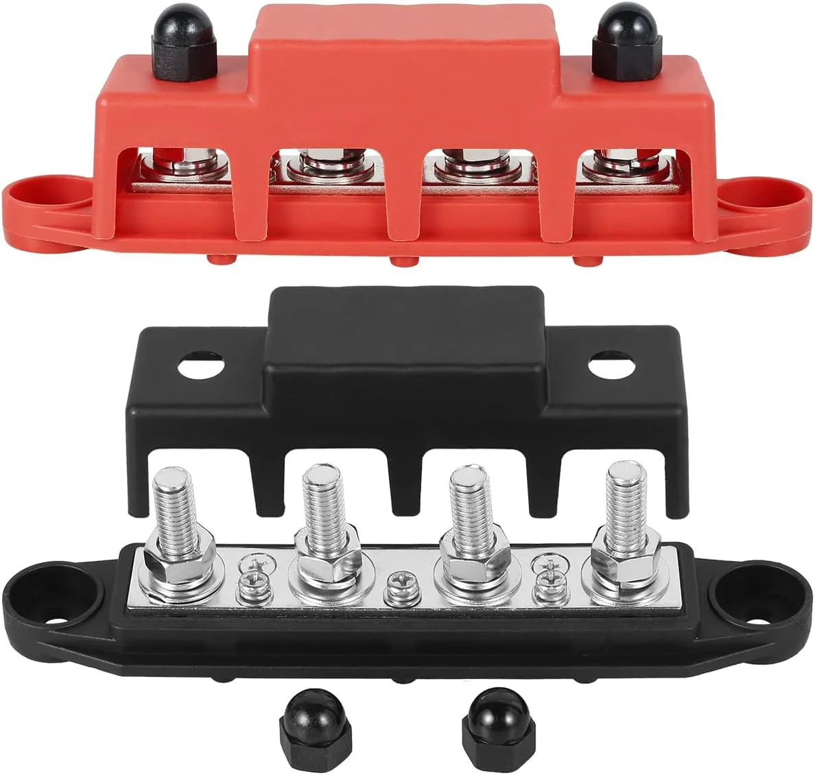 بلوک توزیع کننده باس بار 2 عددی حرفه ای 250 آمپر 48 ولت، بلوک توزیع برق 4 پستی، جفت باس بار با پوشش و مهره، بلوک توزیع ترمینال باتری پایدار 5/16 اینچ (M8)