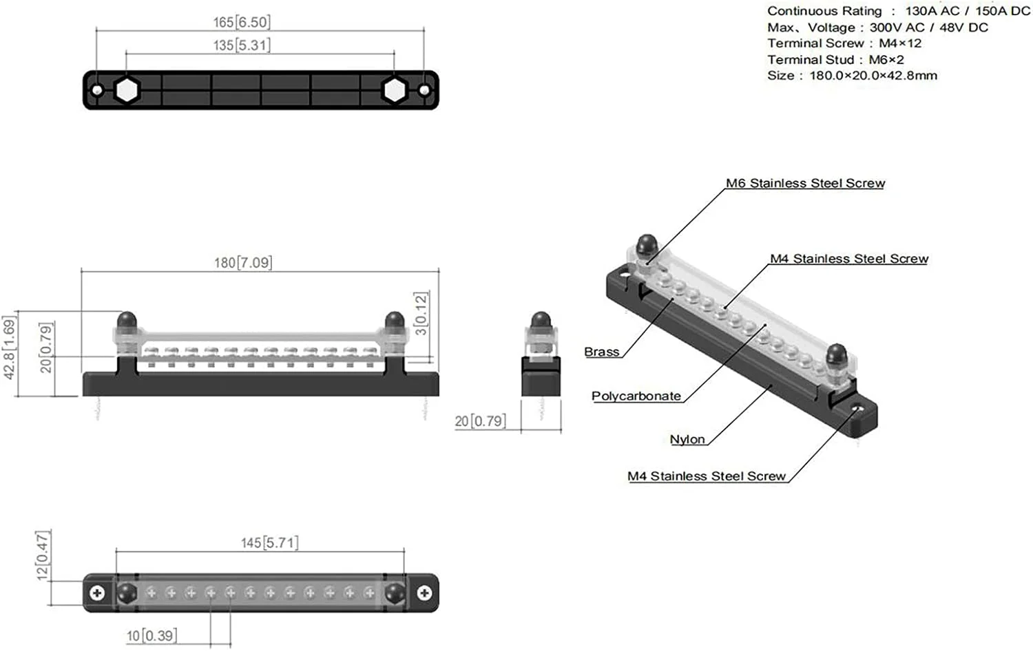 بلوک باس بار 12 ترمینال 130 آمپر/150 آمپر با پوشش برای توزیع برق خودرو، قایق، دریایی، بلوک ترمینال M4/12 پیچ + M6/2 استد بلوک باس بار 12 ترمینال 130 آمپر/150 آمپر با پوشش برای توزیع برق خودرو، قایق، دریایی، بلوک ترمینال M4/12 پیچ + M6/2 استد
