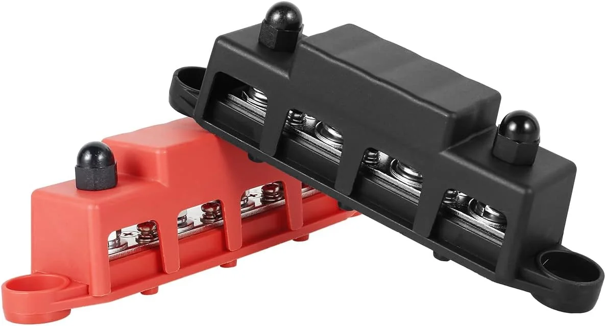 بلوک توزیع کننده باس بار 2 عددی حرفه ای 250 آمپر 48 ولت، بلوک توزیع برق 4 پستی، جفت باس بار با پوشش و مهره، بلوک توزیع ترمینال باتری پایدار 5/16 اینچ (M8)