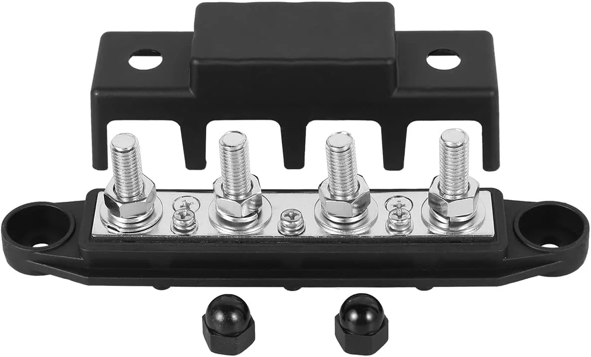 بلوک توزیع کننده باس بار 2 عددی حرفه ای 250 آمپر 48 ولت، بلوک توزیع برق 4 پستی، جفت باس بار با پوشش و مهره، بلوک توزیع ترمینال باتری پایدار 5/16 اینچ (M8)