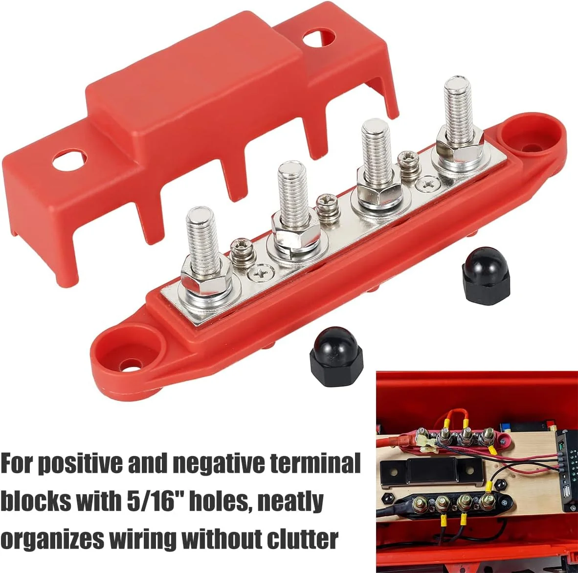 بلوک توزیع کننده باس بار 2 عددی حرفه ای 250 آمپر 48 ولت، بلوک توزیع برق 4 پستی، جفت باس بار با پوشش و مهره، بلوک توزیع ترمینال باتری پایدار 5/16 اینچ (M8)