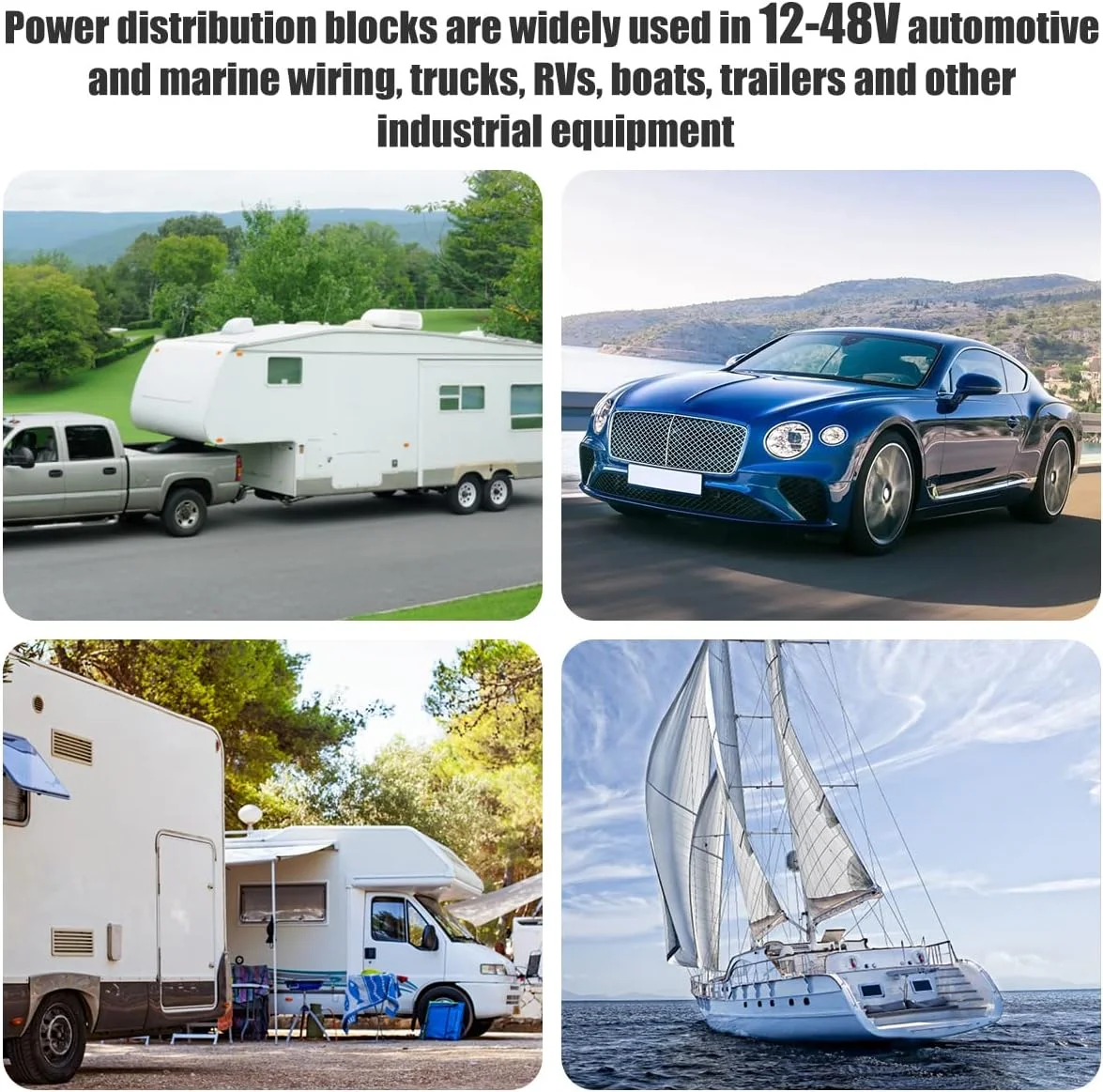 بلوک توزیع کننده باس بار 2 عددی حرفه ای 250 آمپر 48 ولت، بلوک توزیع برق 4 پستی، جفت باس بار با پوشش و مهره، بلوک توزیع ترمینال باتری پایدار 5/16 اینچ (M8)