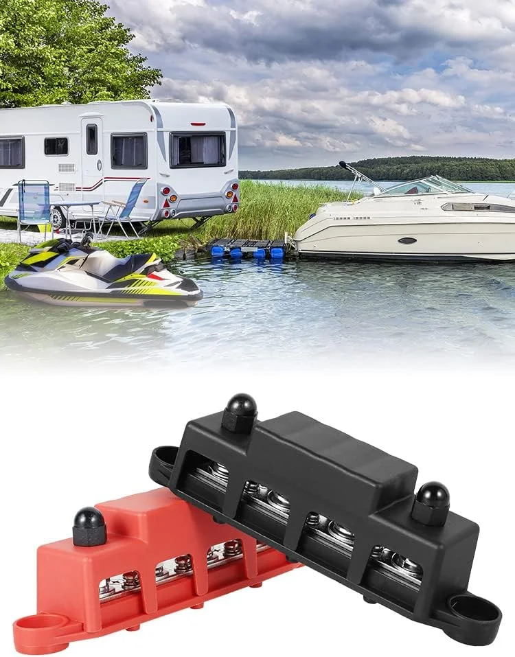 بلوک توزیع کننده باس بار 2 عددی حرفه ای 250 آمپر 48 ولت، بلوک توزیع برق 4 پستی، جفت باس بار با پوشش و مهره، بلوک توزیع ترمینال باتری پایدار 5/16 اینچ (M8)